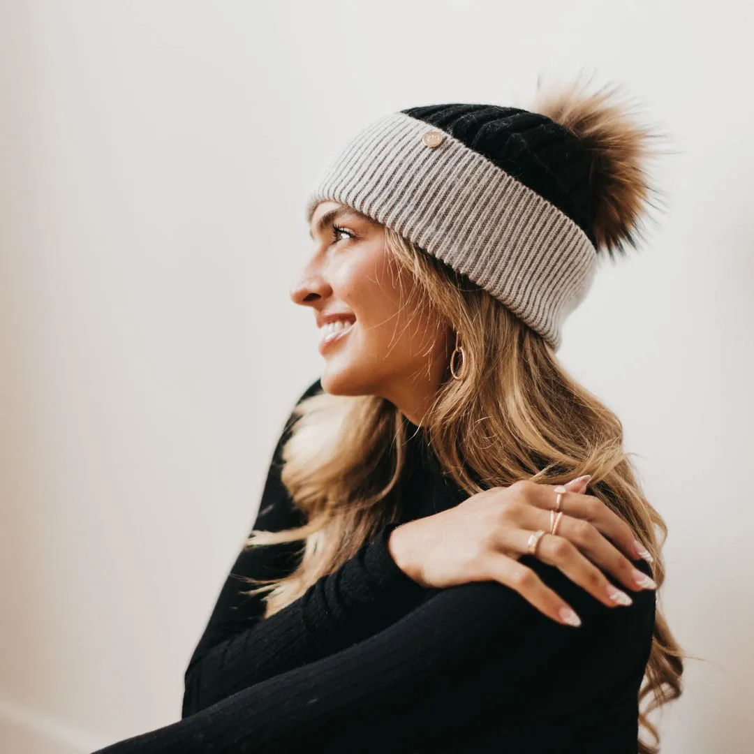 2 Tone Angora Knit Fur Pom Beanie