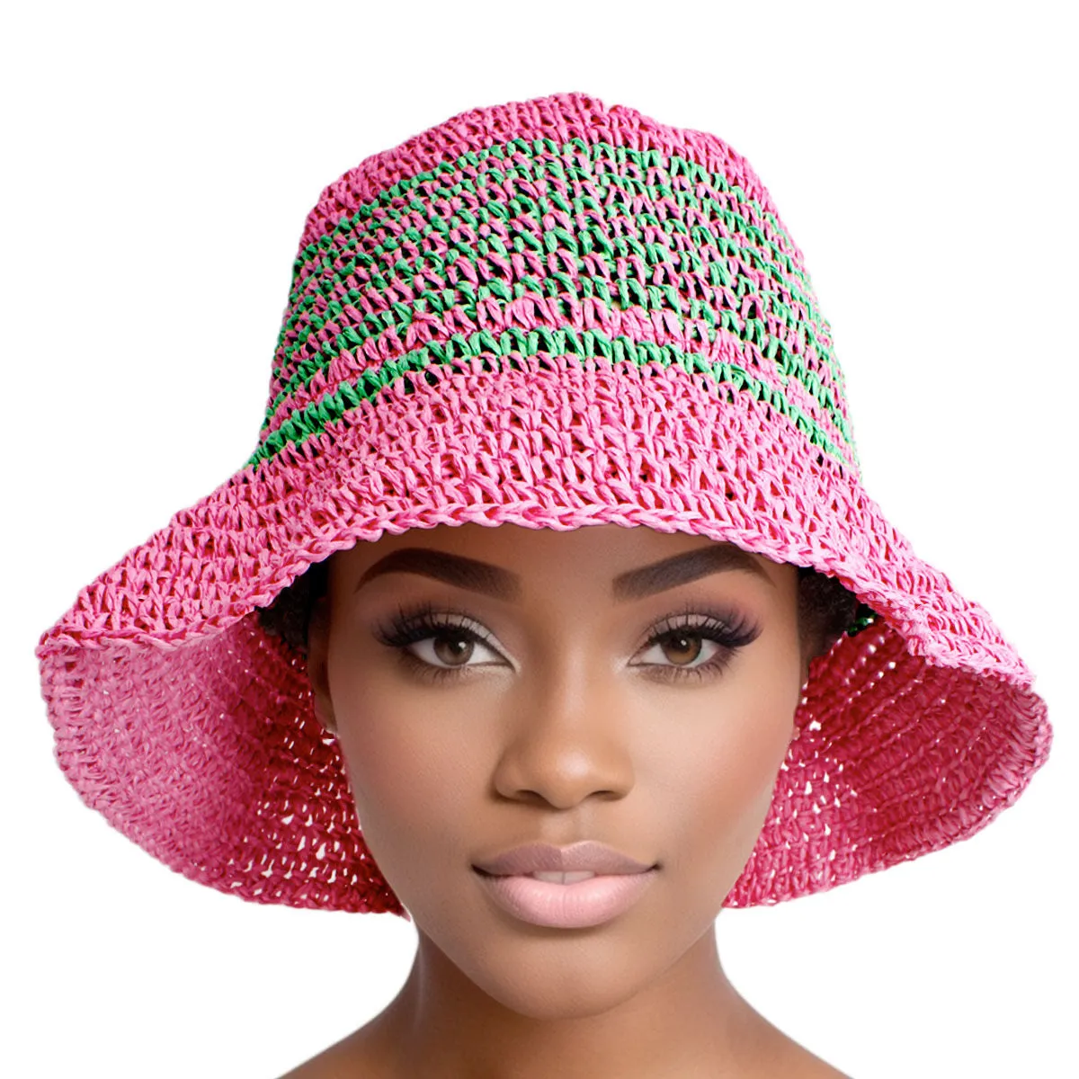 AKA Bucket Hat Alpha Kappa Alpha Inspired Pink Green Multi Stripe Straw
