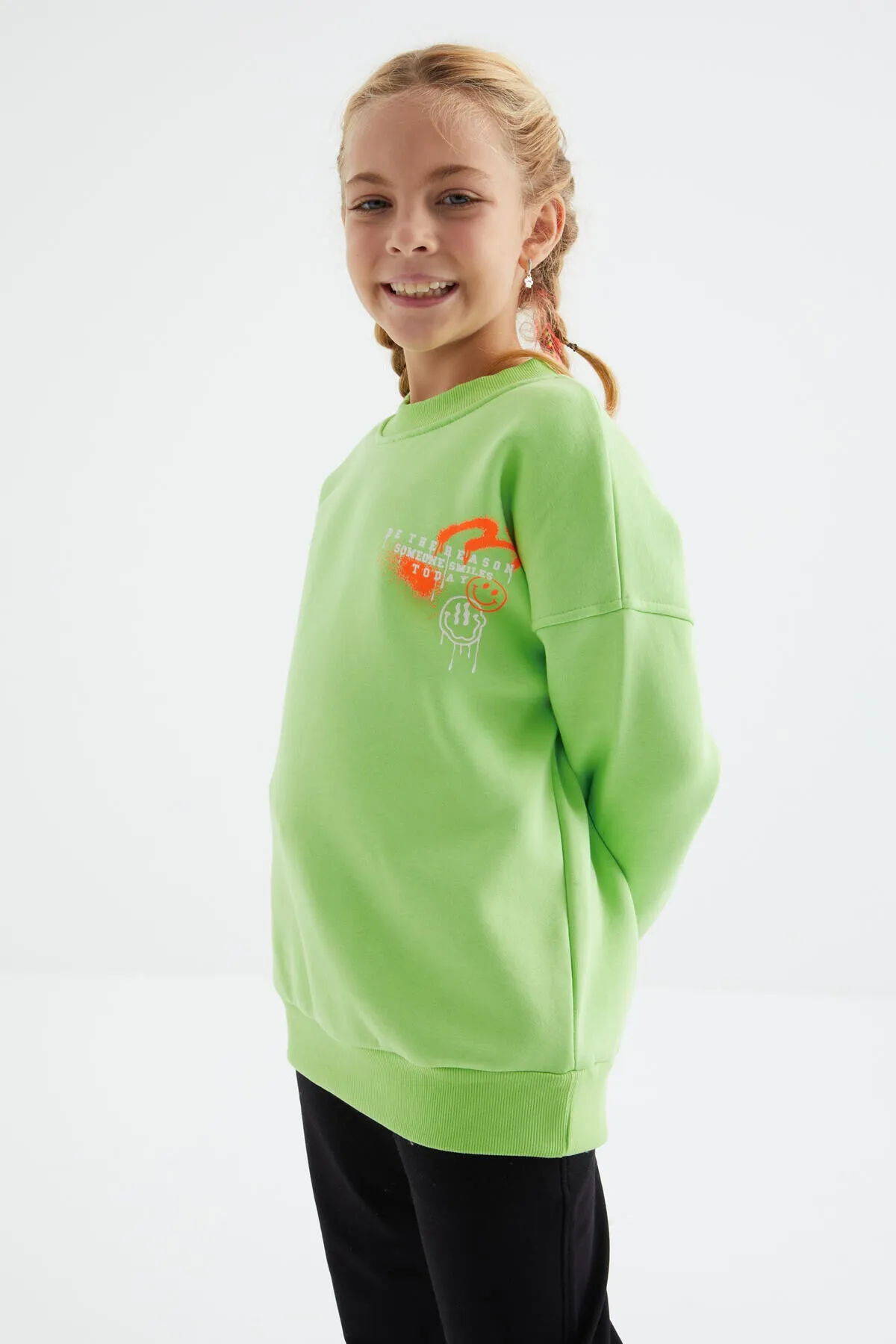 baski detayli o yaka kiz çocuk sweatshirt - 75095