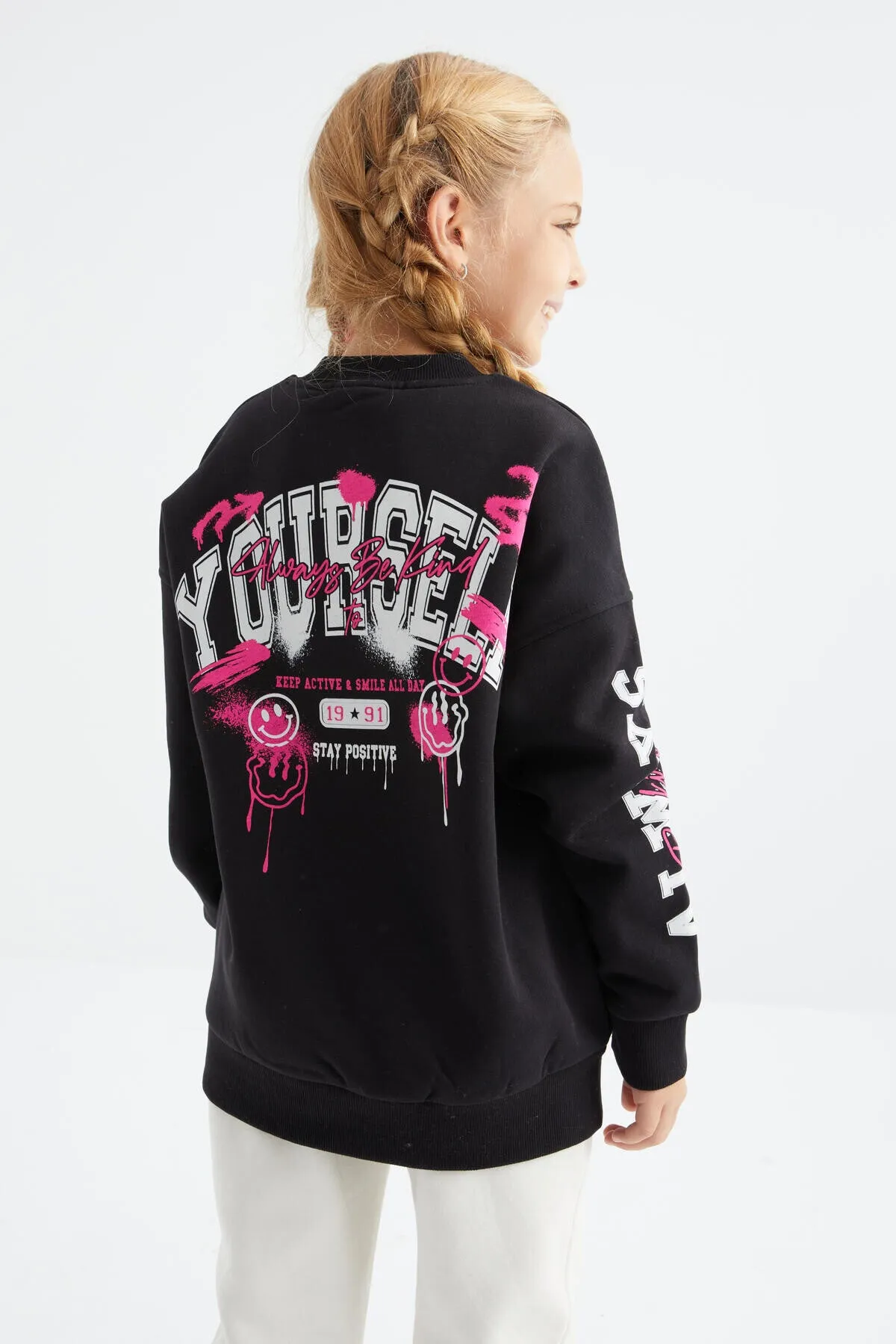 baski detayli o yaka kiz çocuk sweatshirt - 75095