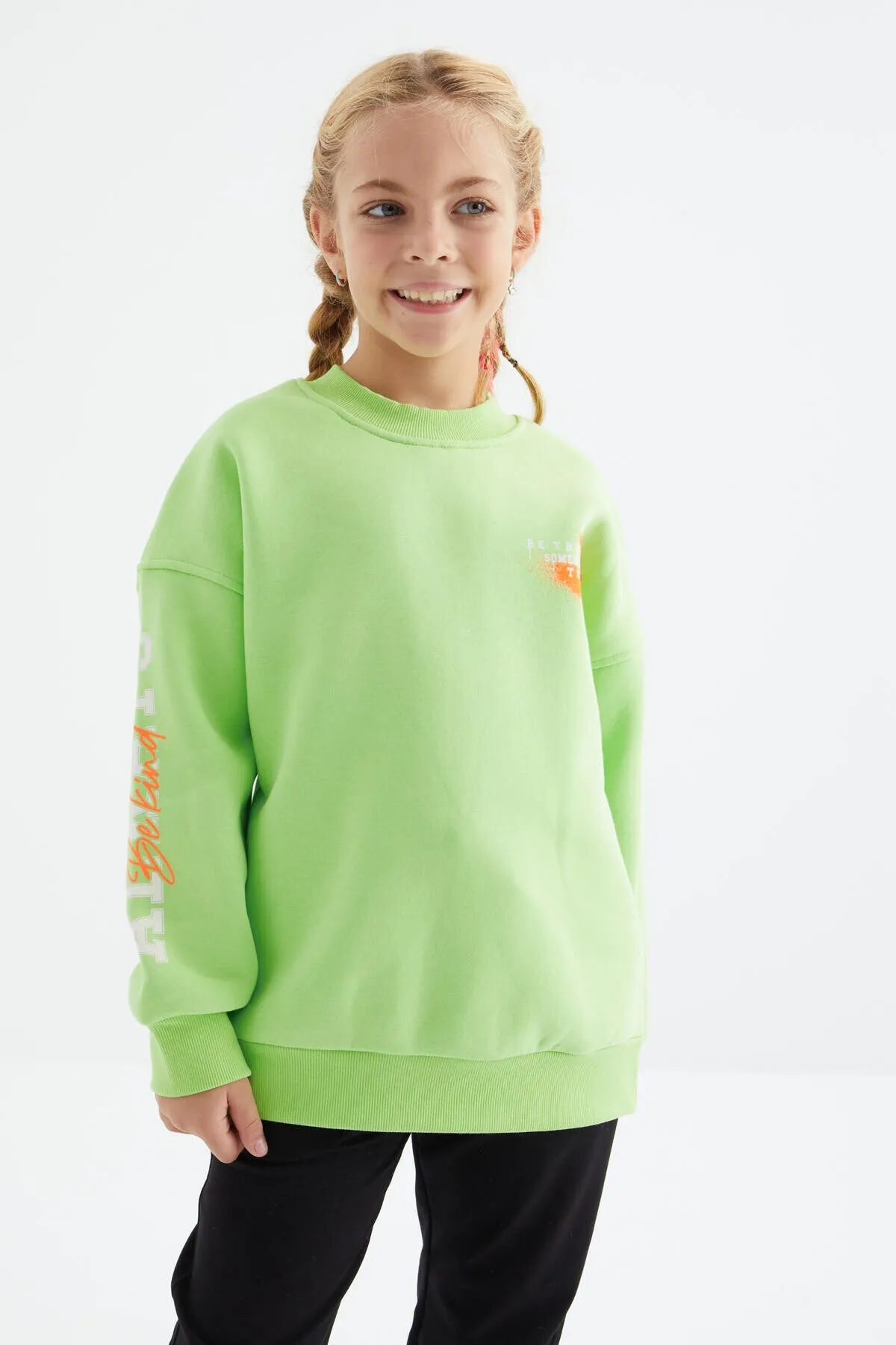 baski detayli o yaka kiz çocuk sweatshirt - 75095