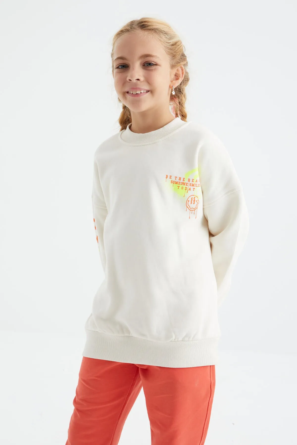 baski detayli o yaka kiz çocuk sweatshirt - 75095