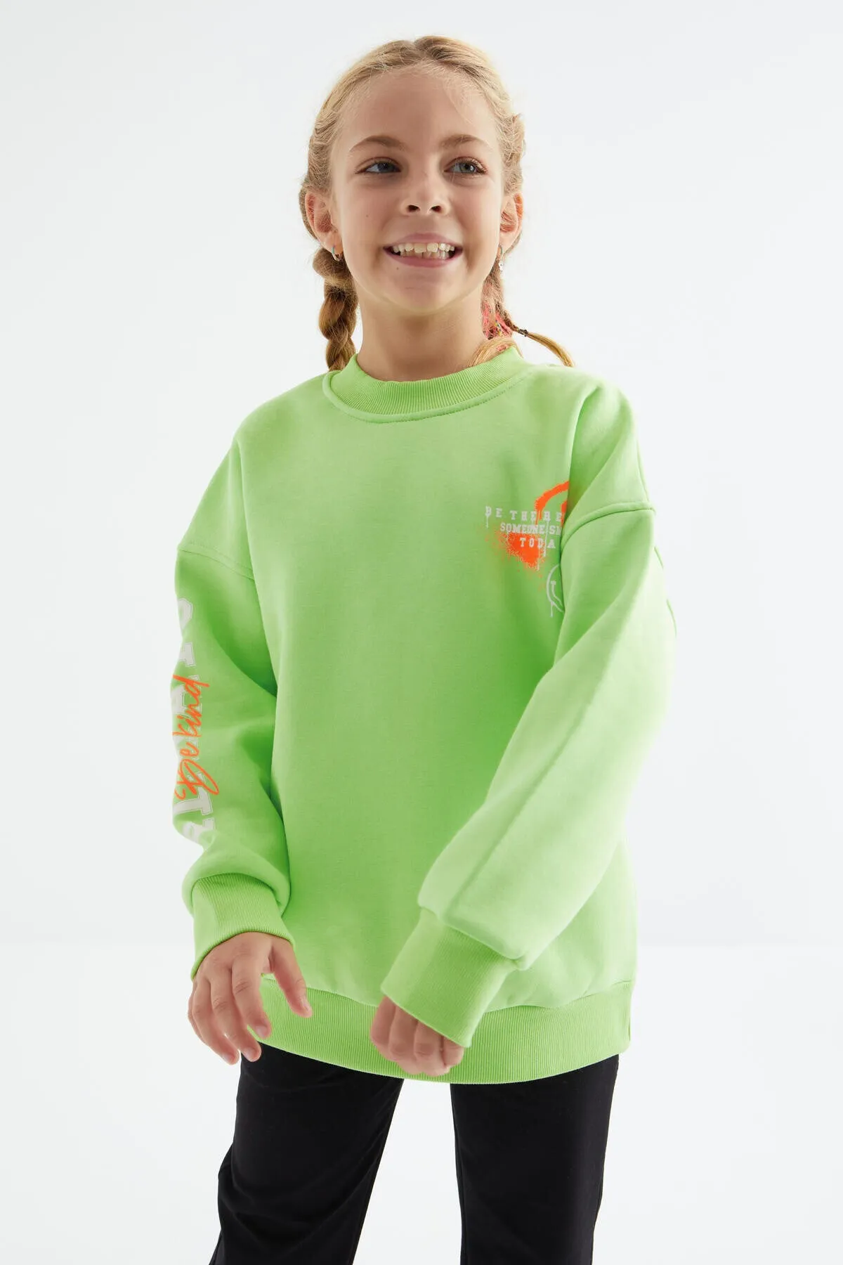baski detayli o yaka kiz çocuk sweatshirt - 75095