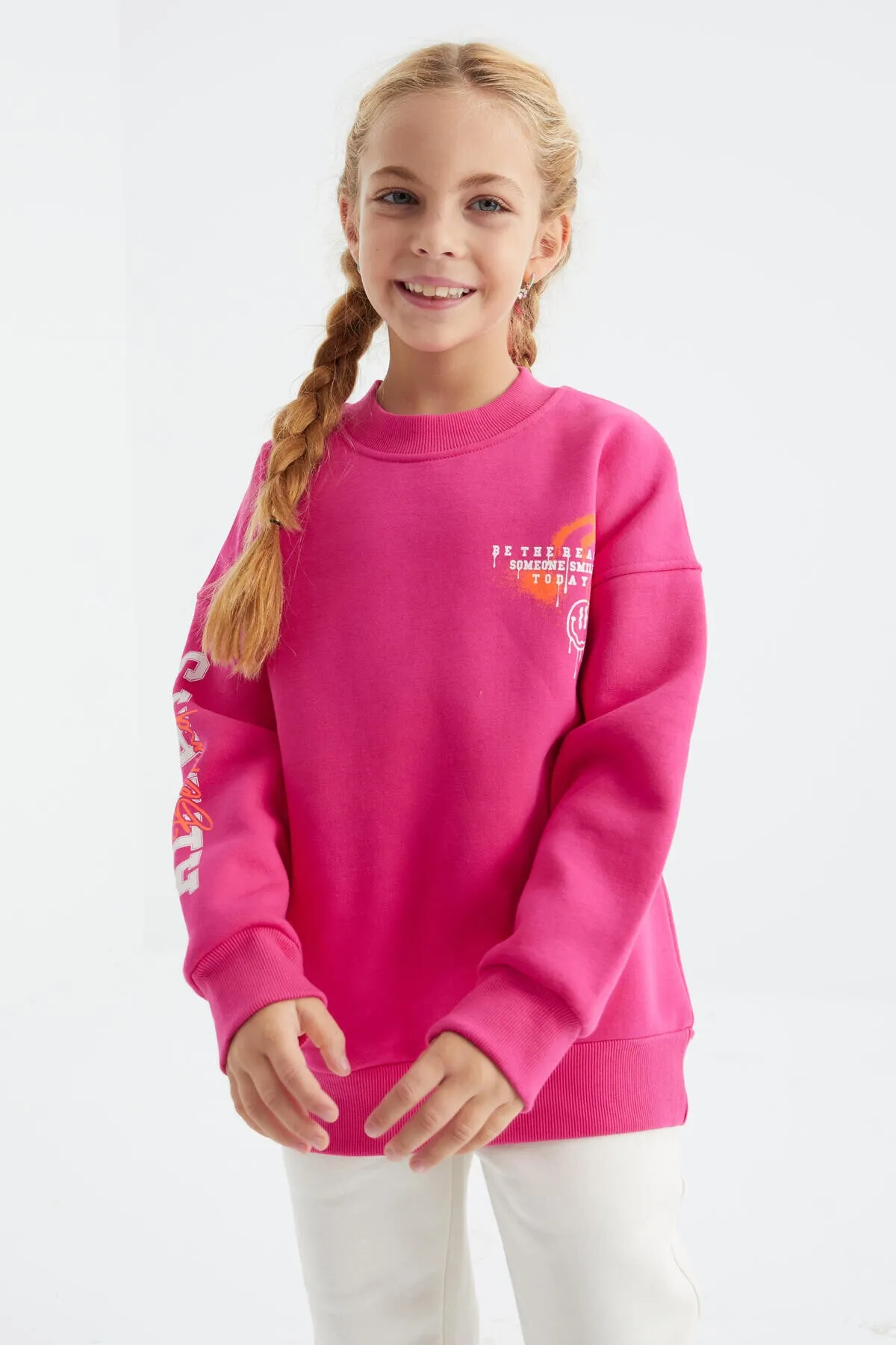 baski detayli o yaka kiz çocuk sweatshirt - 75095