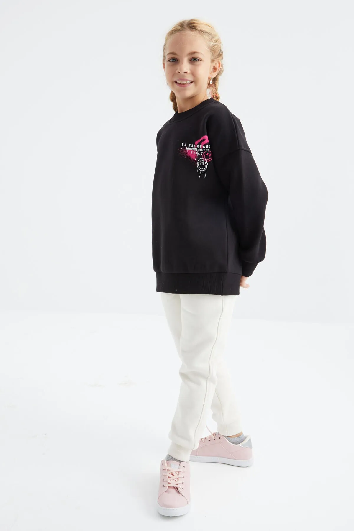 baski detayli o yaka kiz çocuk sweatshirt - 75095