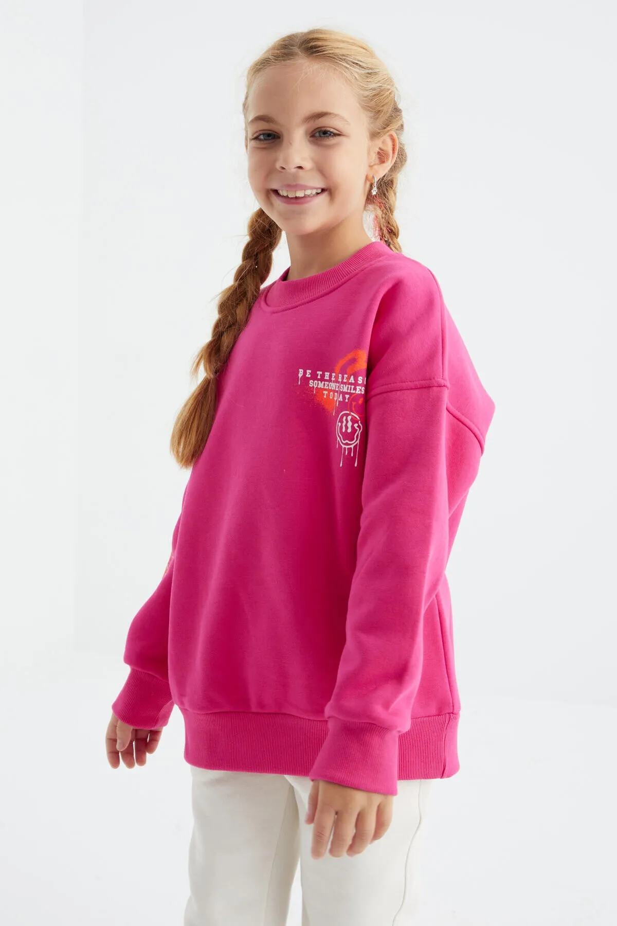 baski detayli o yaka kiz çocuk sweatshirt - 75095