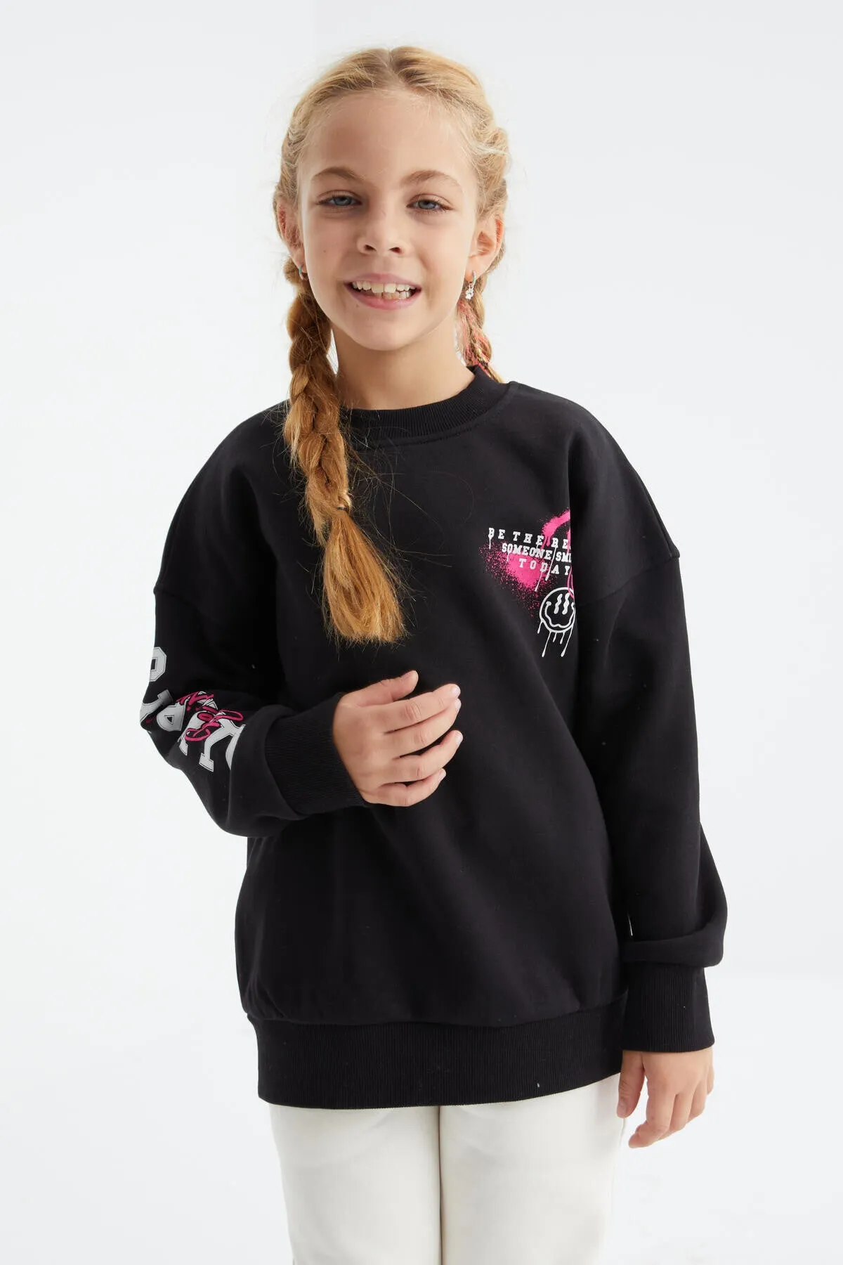 baski detayli o yaka kiz çocuk sweatshirt - 75095