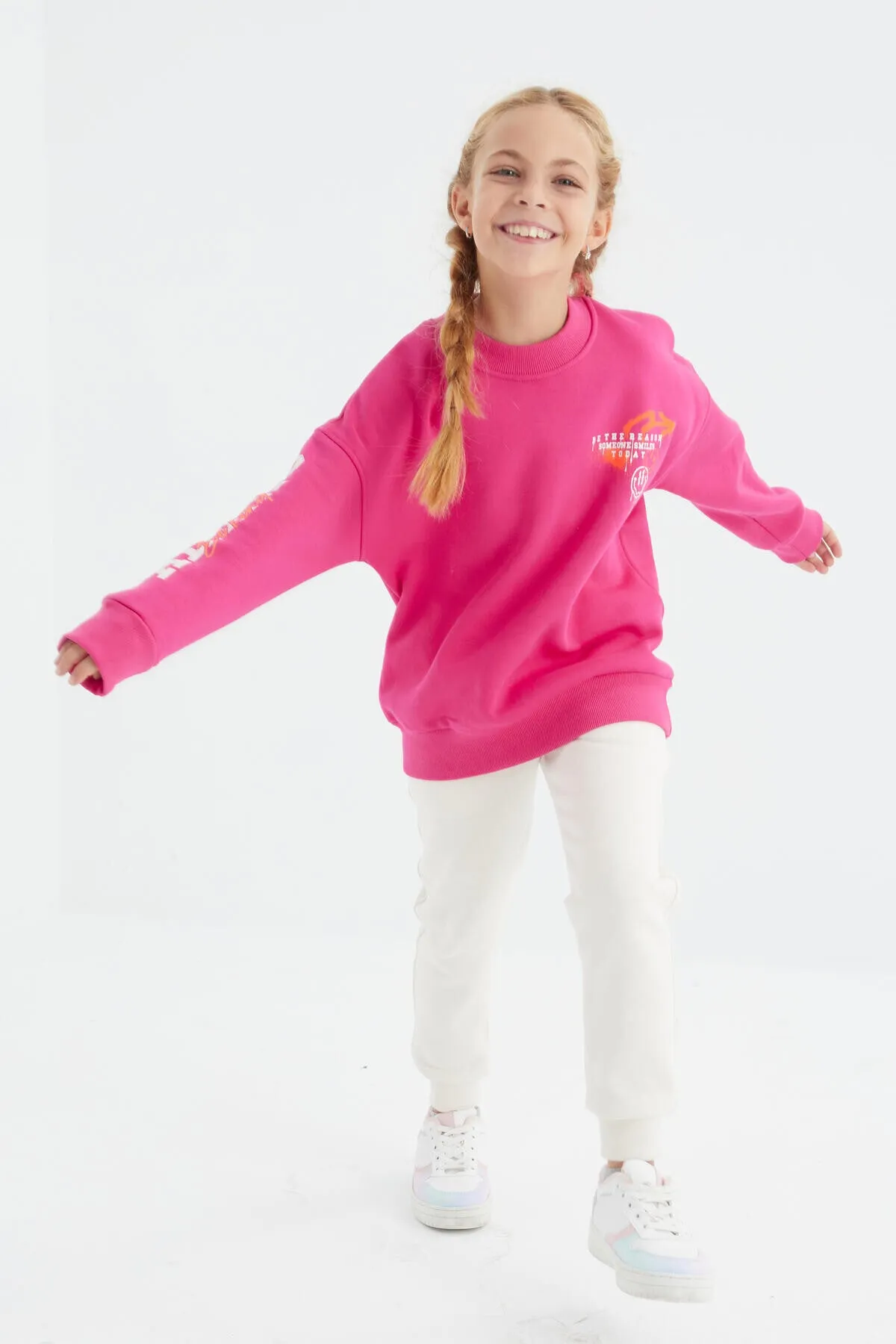 baski detayli o yaka kiz çocuk sweatshirt - 75095