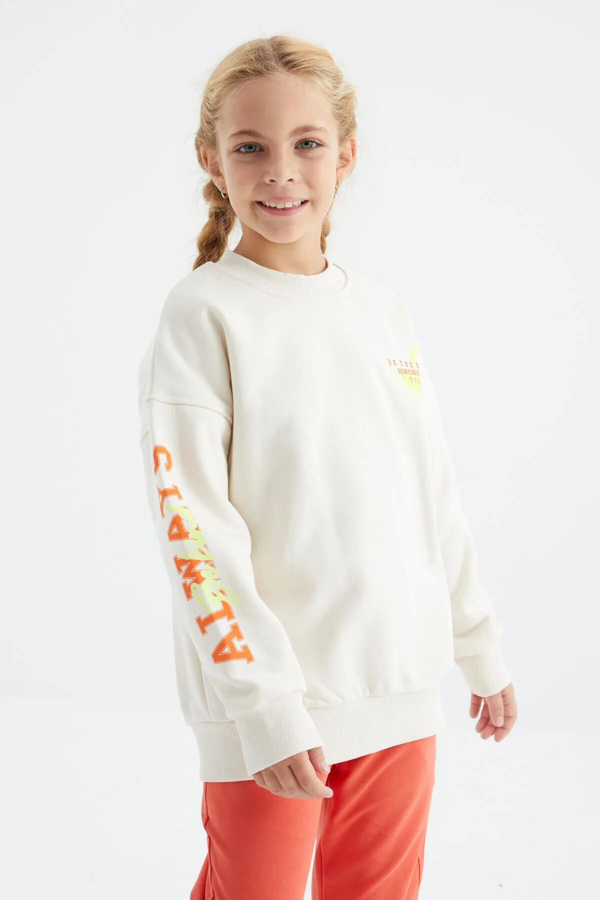 baski detayli o yaka kiz çocuk sweatshirt - 75095