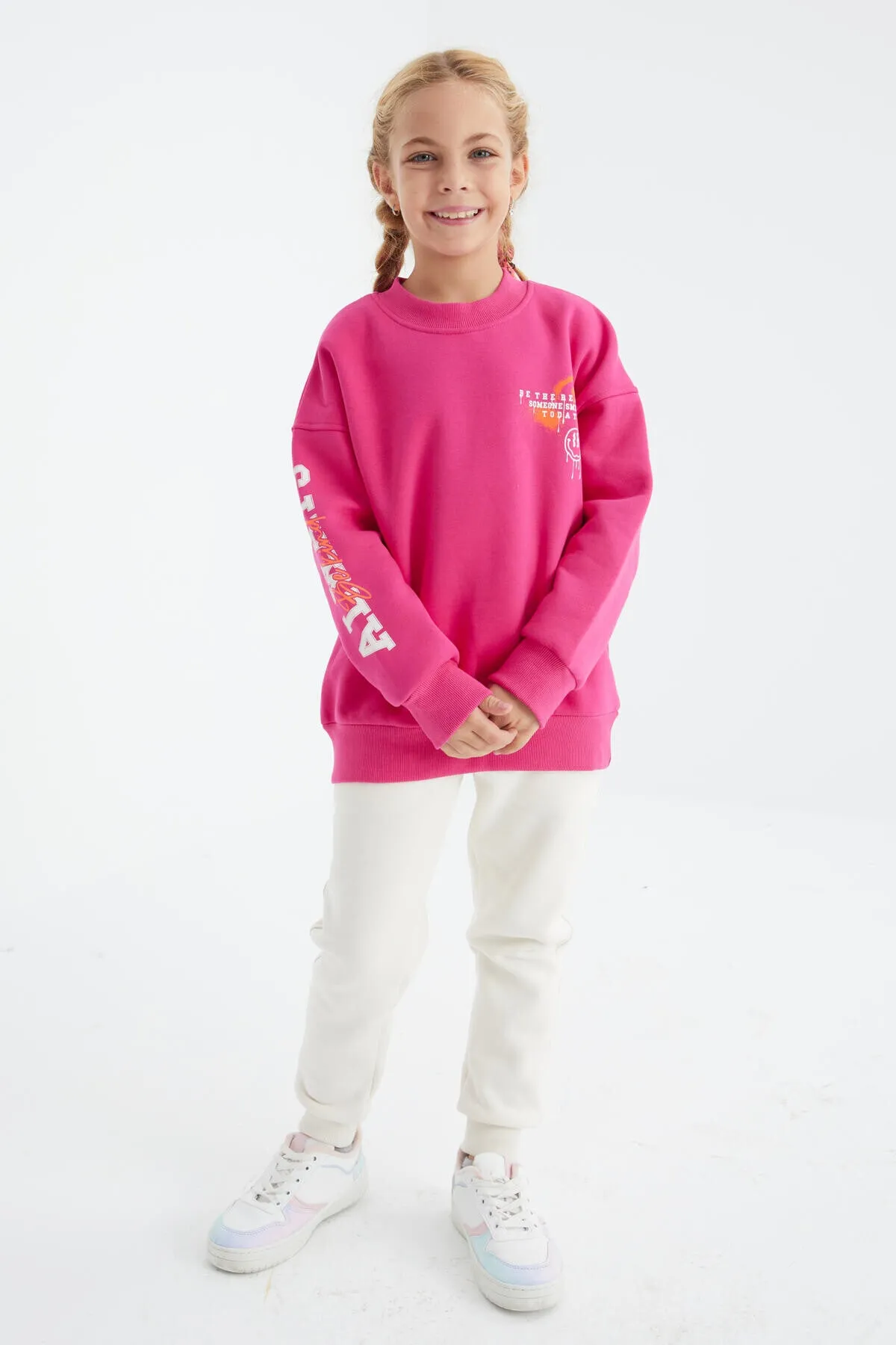 baski detayli o yaka kiz çocuk sweatshirt - 75095