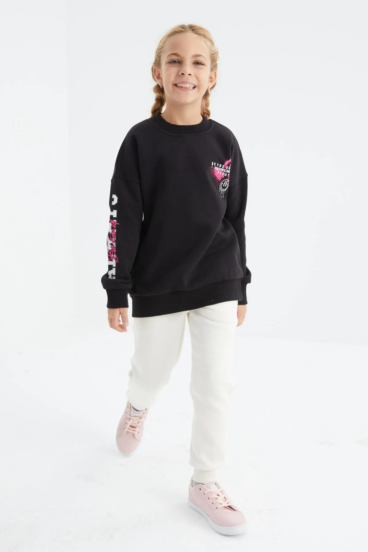 baski detayli o yaka kiz çocuk sweatshirt - 75095