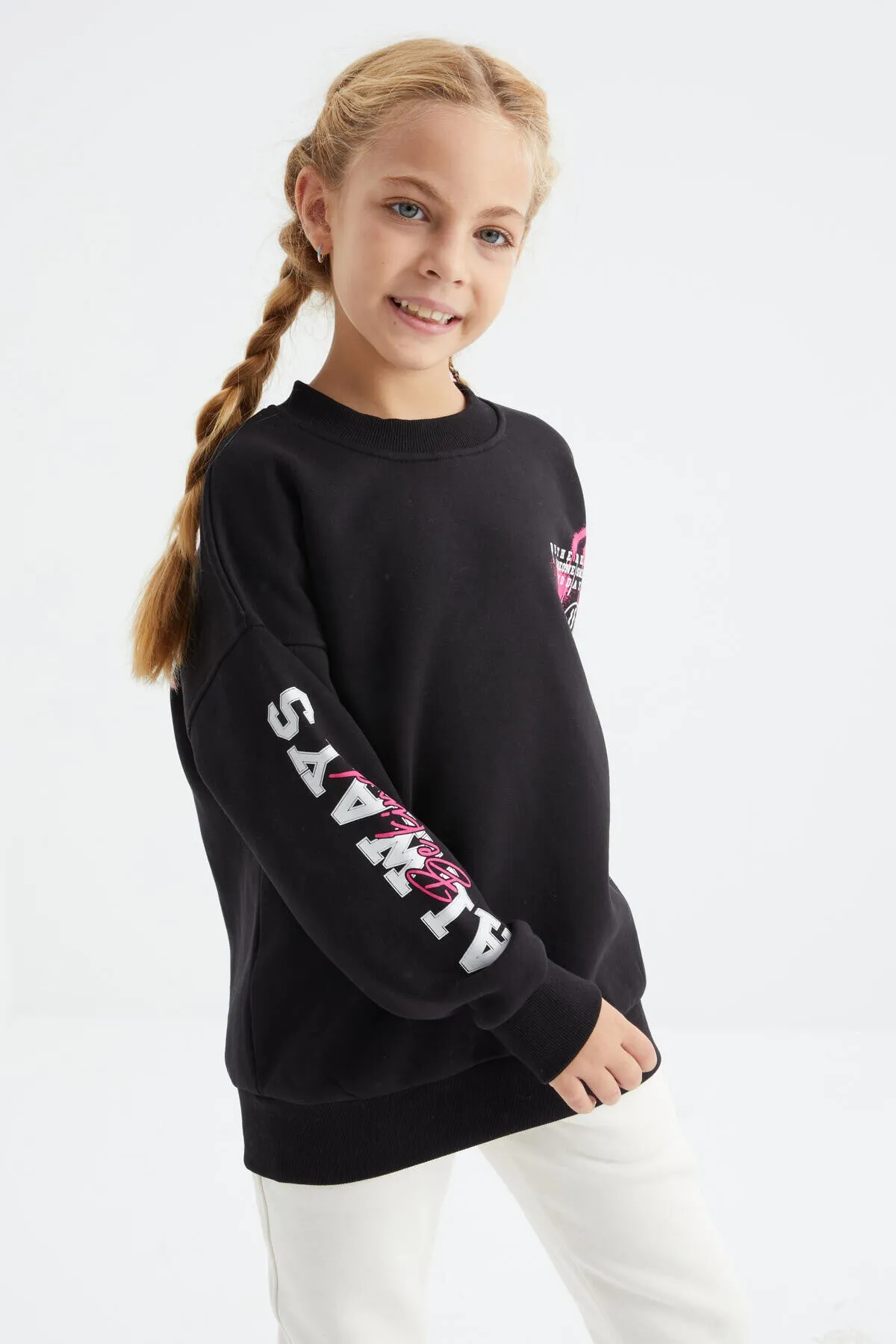 baski detayli o yaka kiz çocuk sweatshirt - 75095