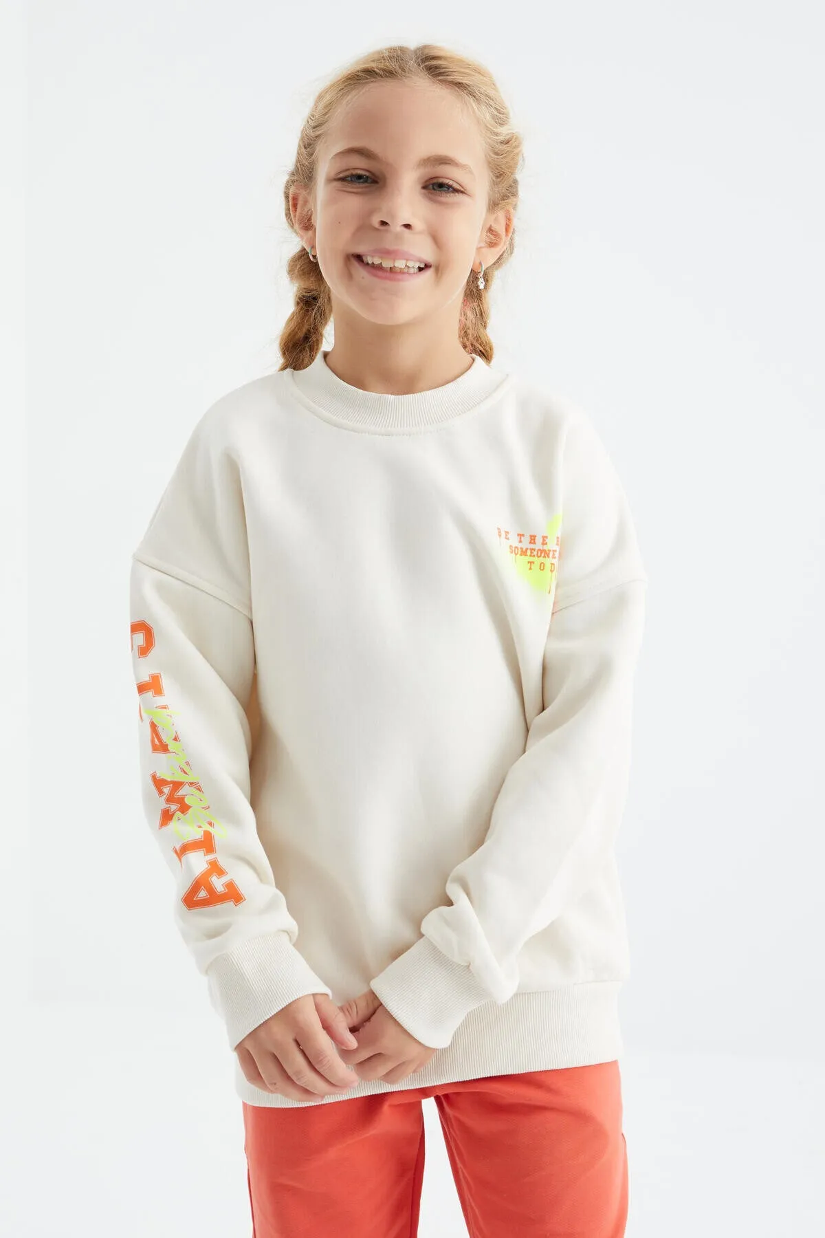 baski detayli o yaka kiz çocuk sweatshirt - 75095