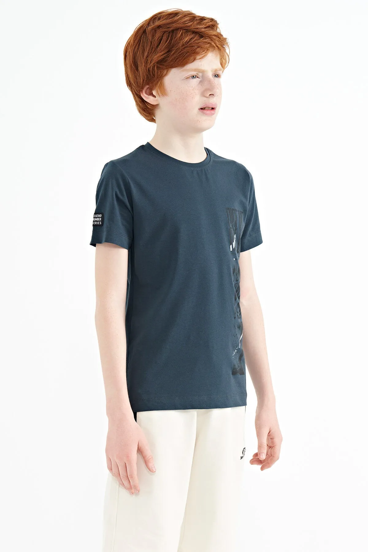 baski detayli o yaka standart kalip erkek çocuk t-shirt - 11104