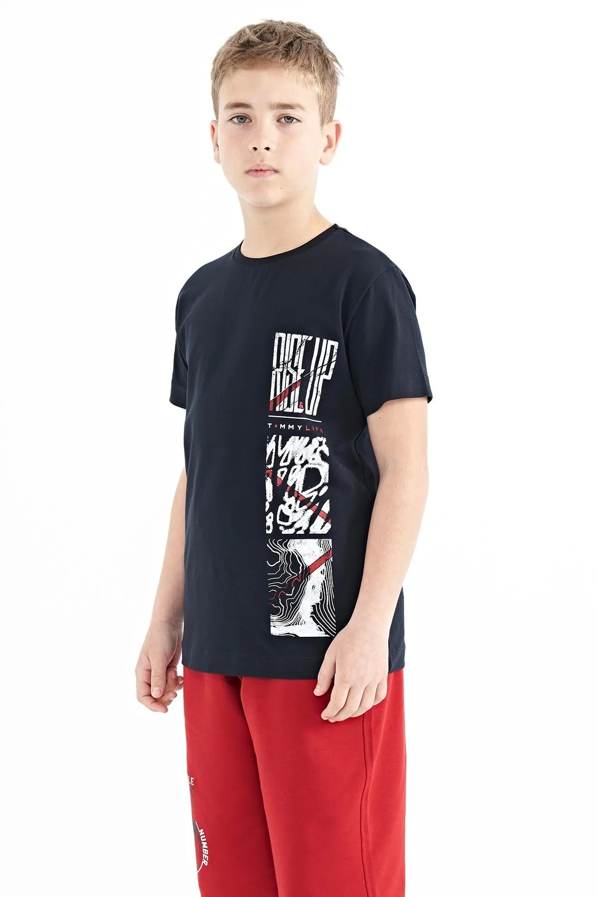 baski detayli o yaka standart kalip erkek çocuk t-shirt - 11104
