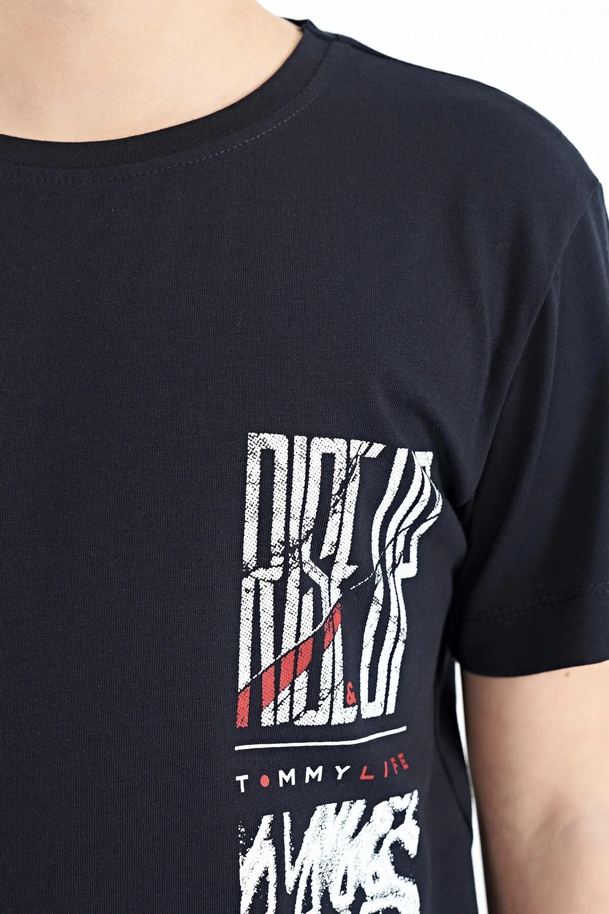 baski detayli o yaka standart kalip erkek çocuk t-shirt - 11104
