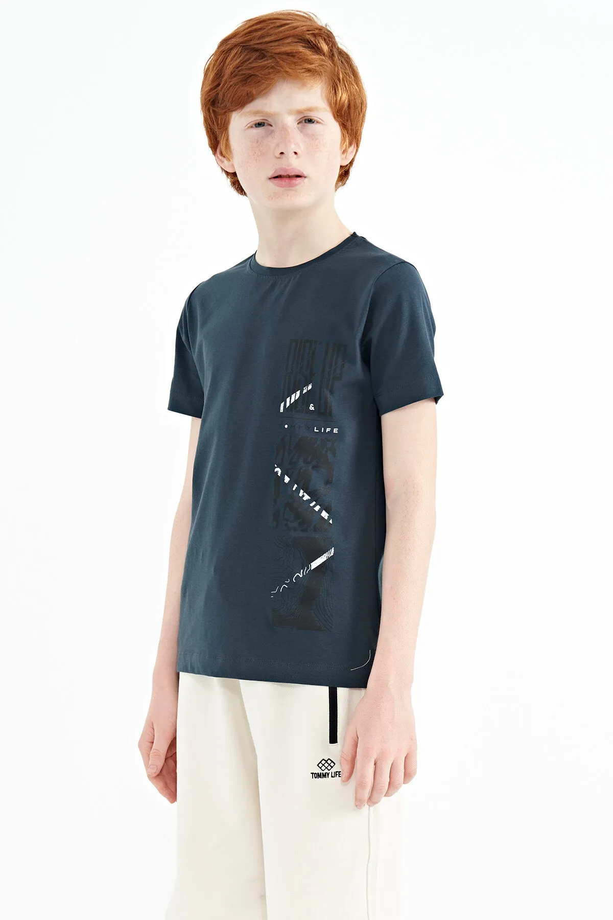 baski detayli o yaka standart kalip erkek çocuk t-shirt - 11104