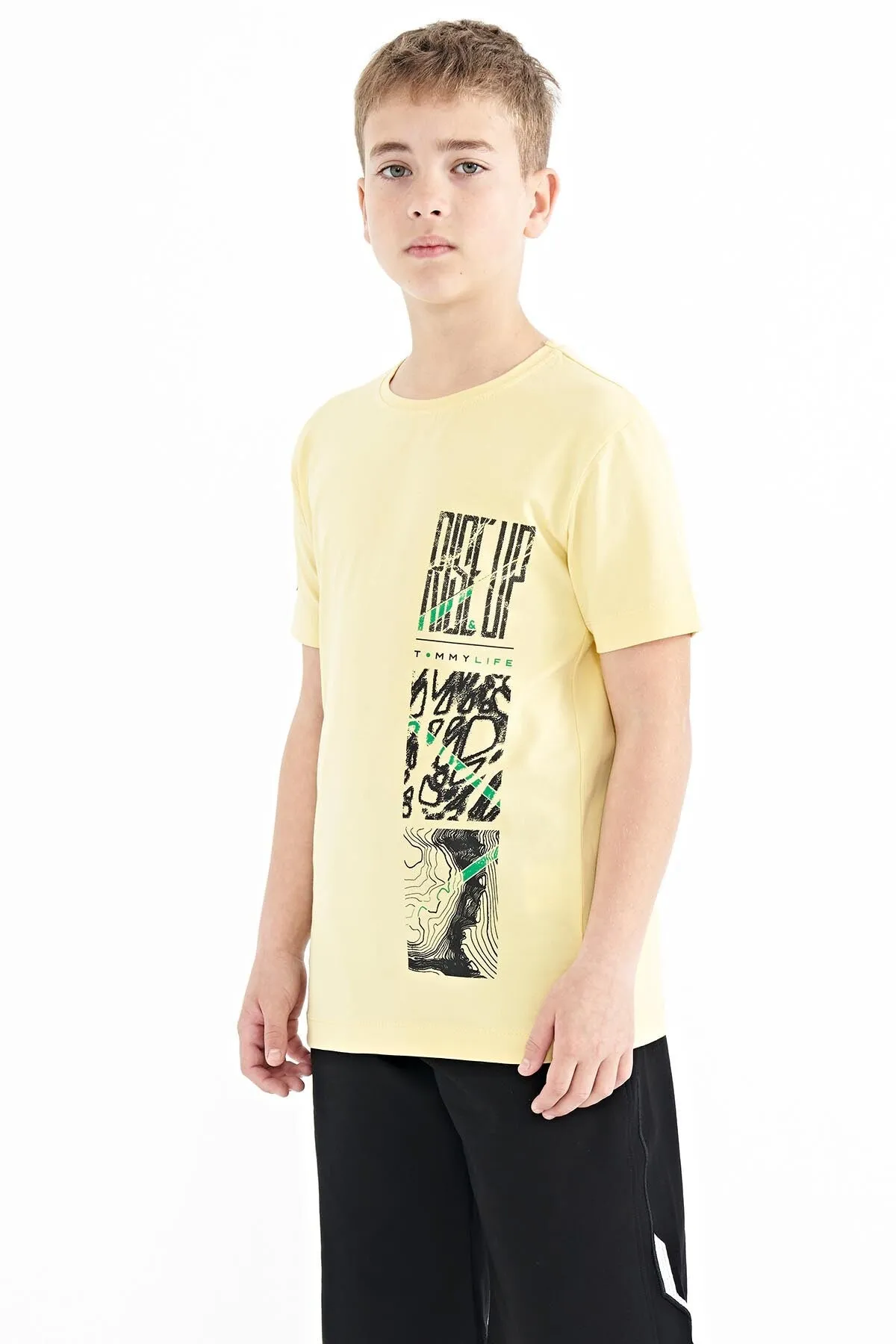 baski detayli o yaka standart kalip erkek çocuk t-shirt - 11104