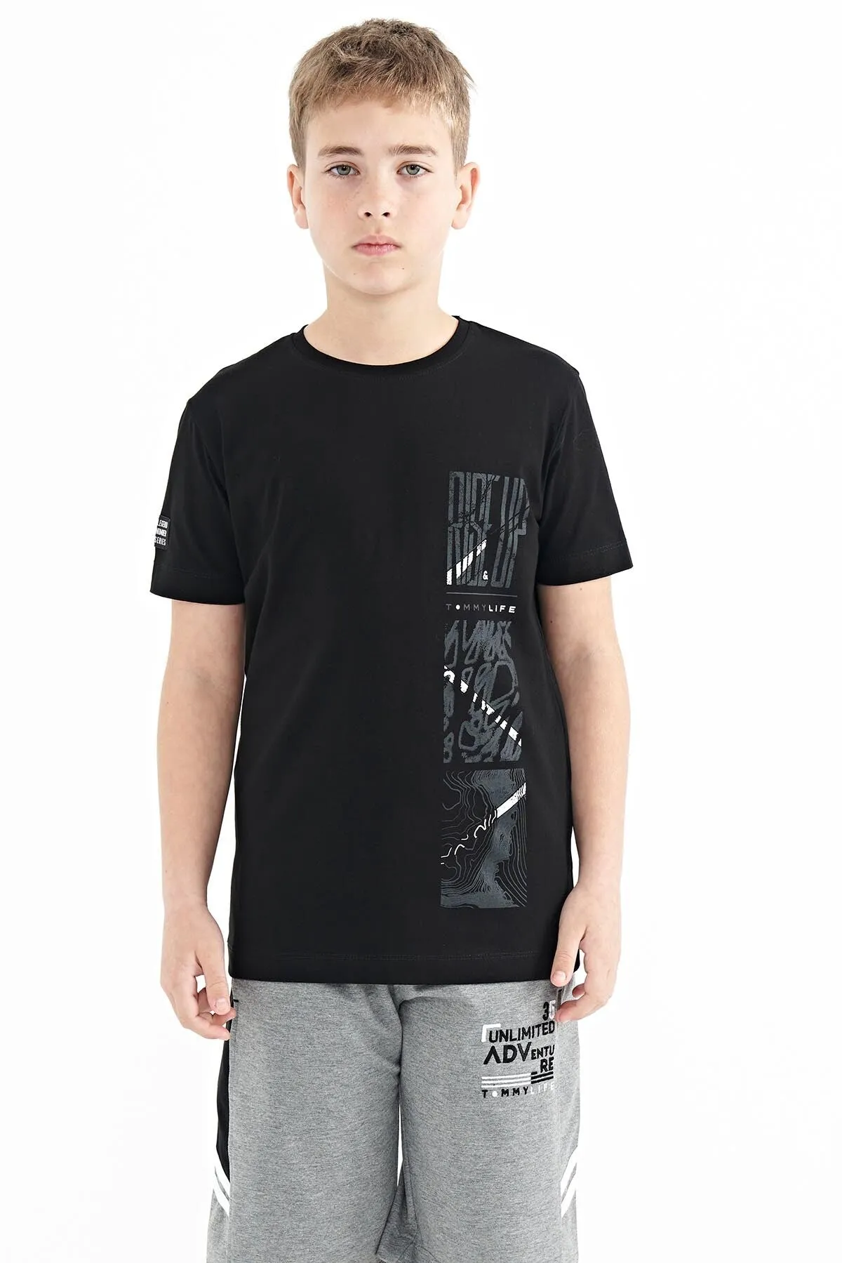baski detayli o yaka standart kalip erkek çocuk t-shirt - 11104