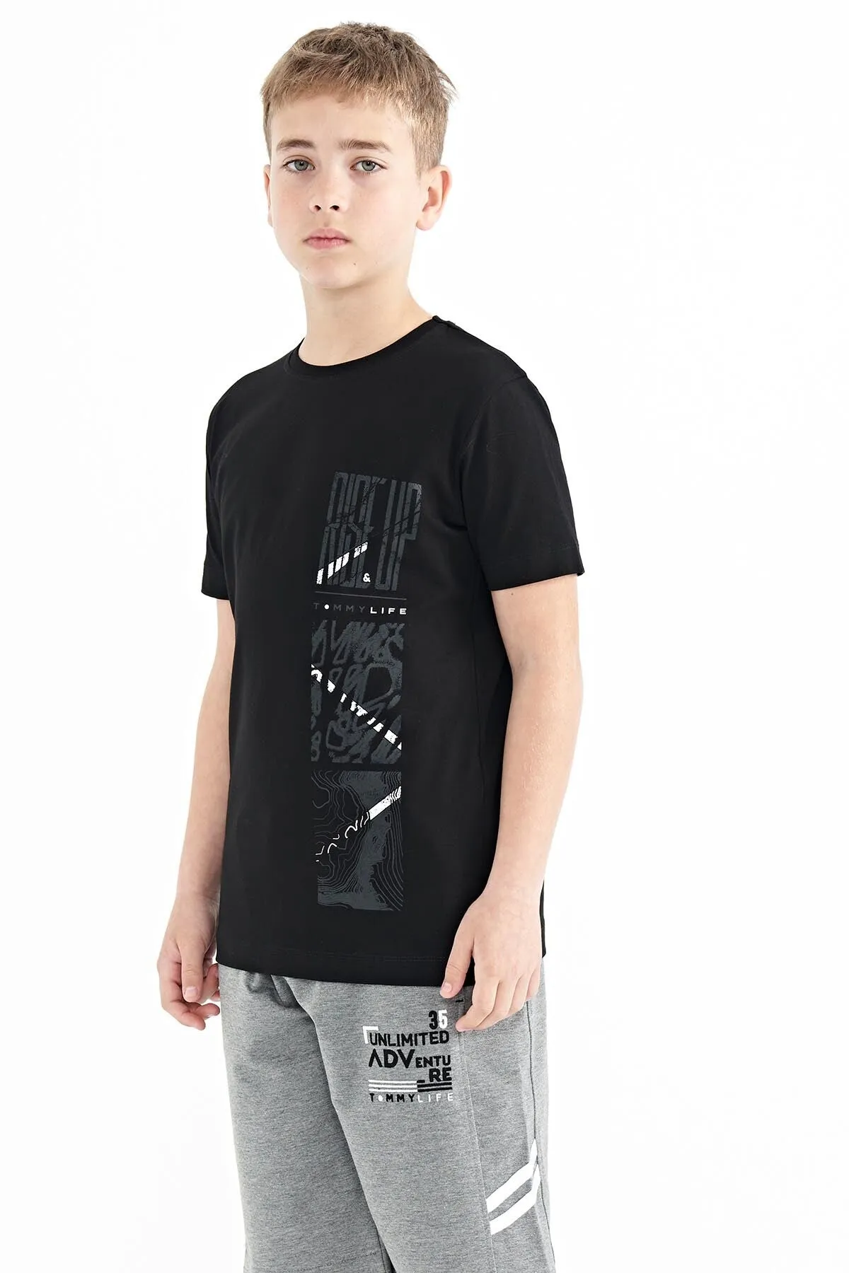 baski detayli o yaka standart kalip erkek çocuk t-shirt - 11104