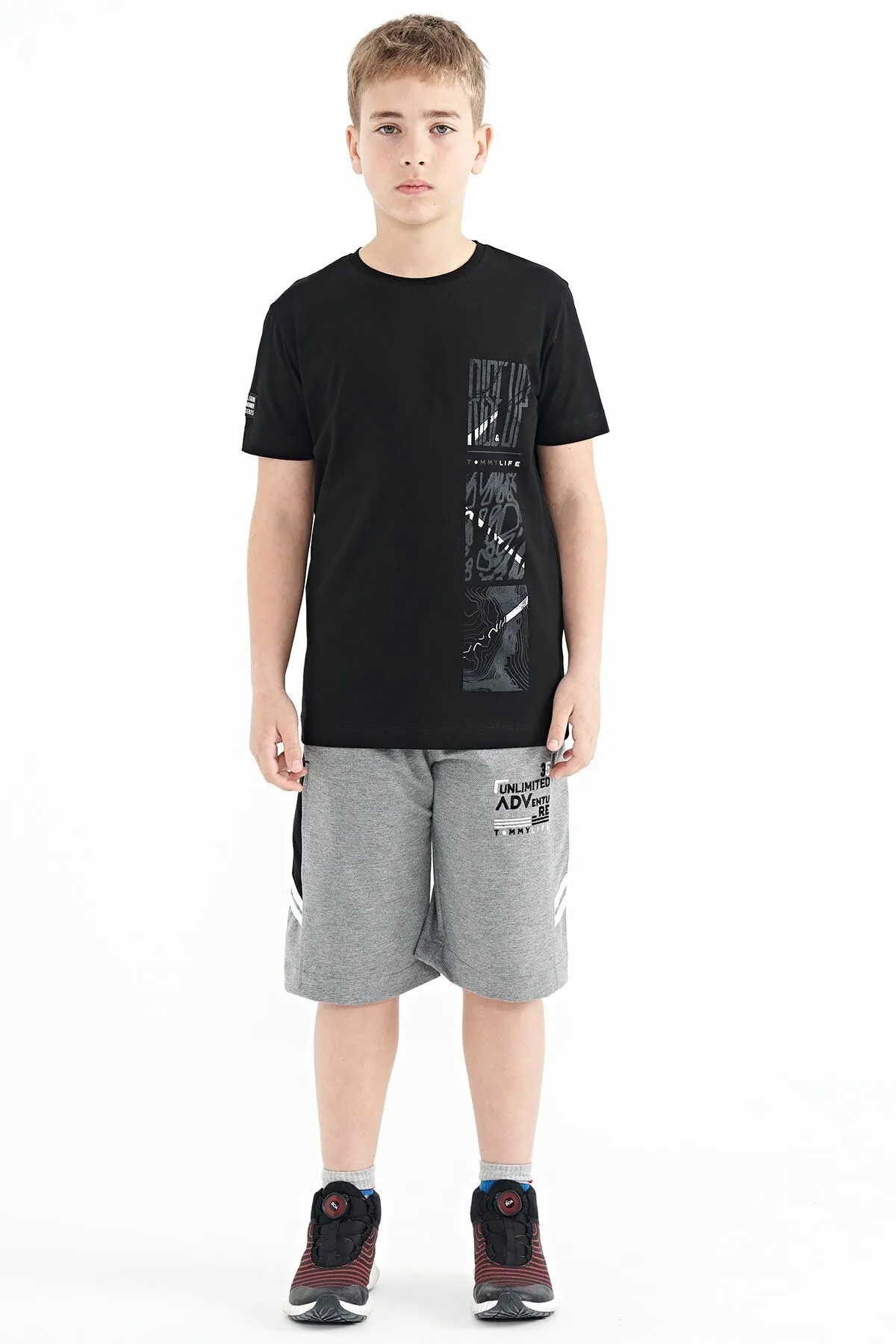 baski detayli o yaka standart kalip erkek çocuk t-shirt - 11104