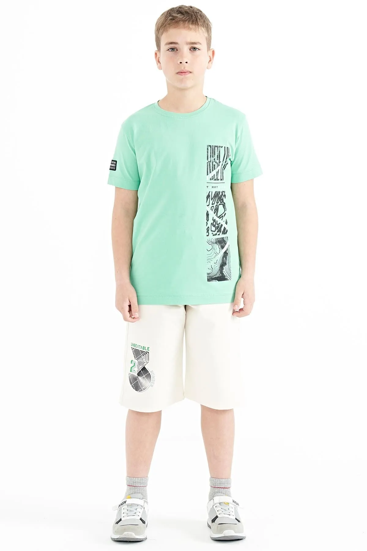 baski detayli o yaka standart kalip erkek çocuk t-shirt - 11104