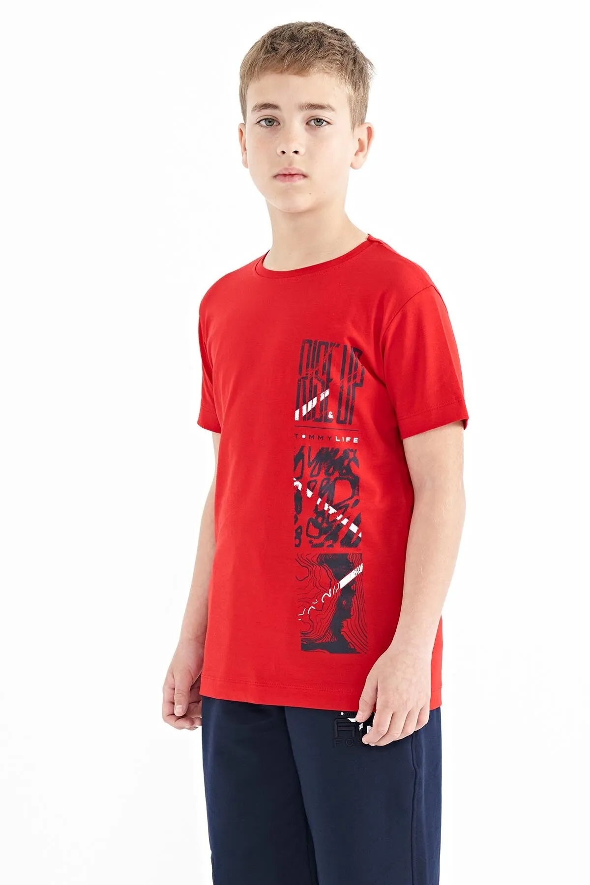 baski detayli o yaka standart kalip erkek çocuk t-shirt - 11104