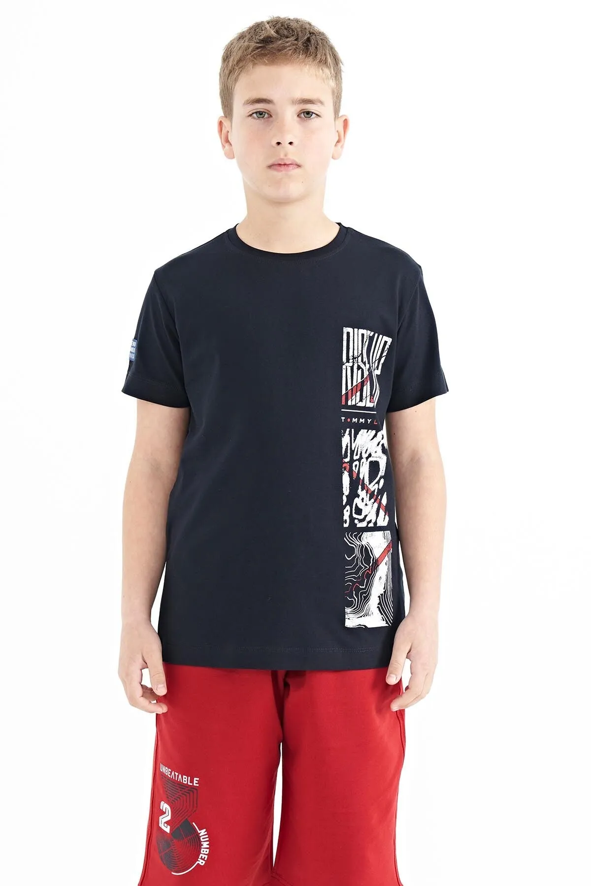 baski detayli o yaka standart kalip erkek çocuk t-shirt - 11104