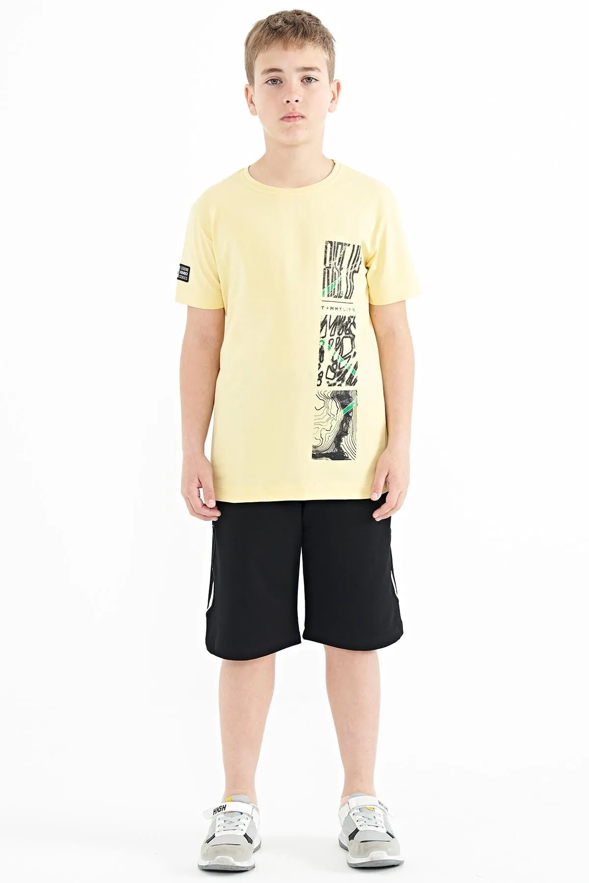 baski detayli o yaka standart kalip erkek çocuk t-shirt - 11104