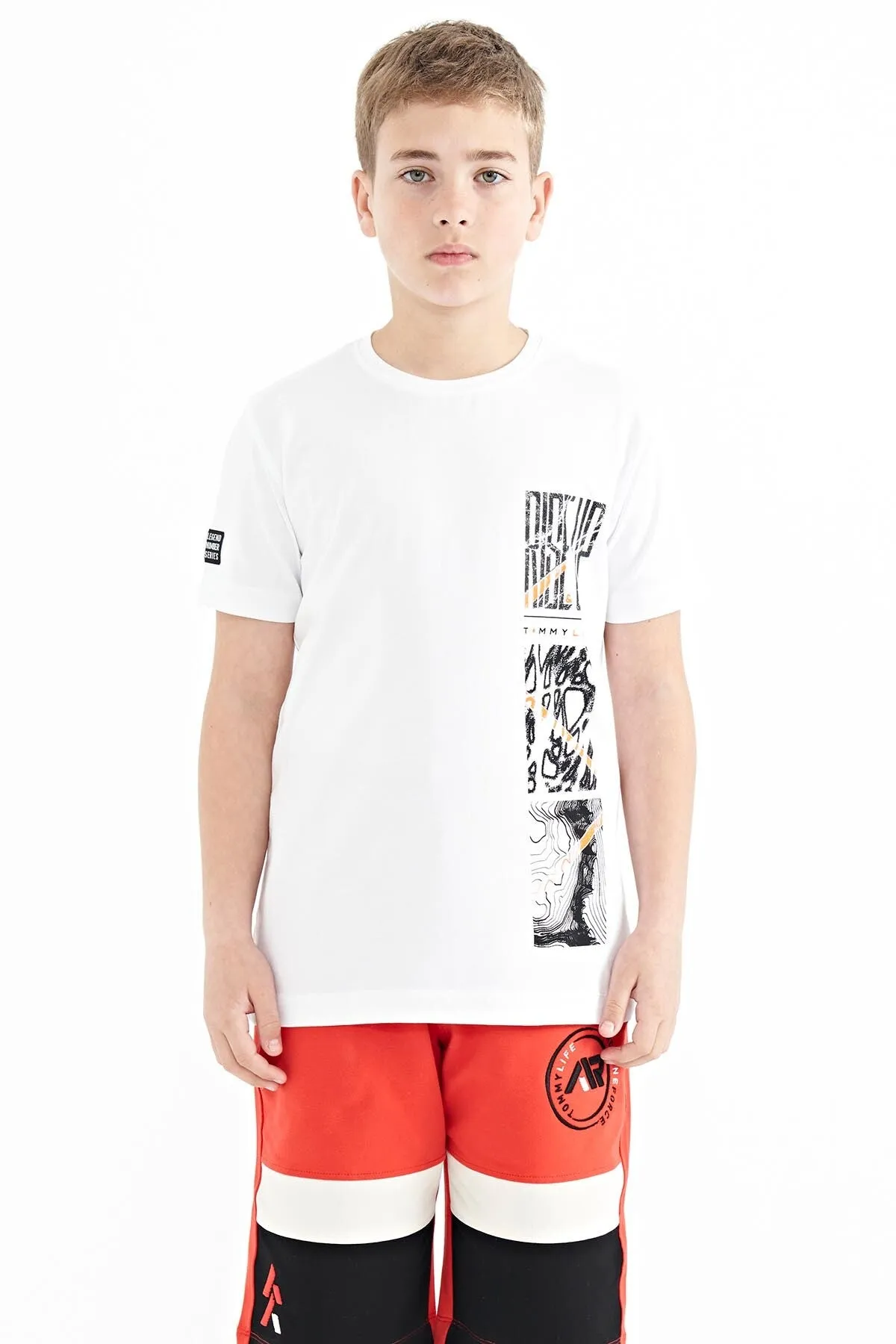 baski detayli o yaka standart kalip erkek çocuk t-shirt - 11104