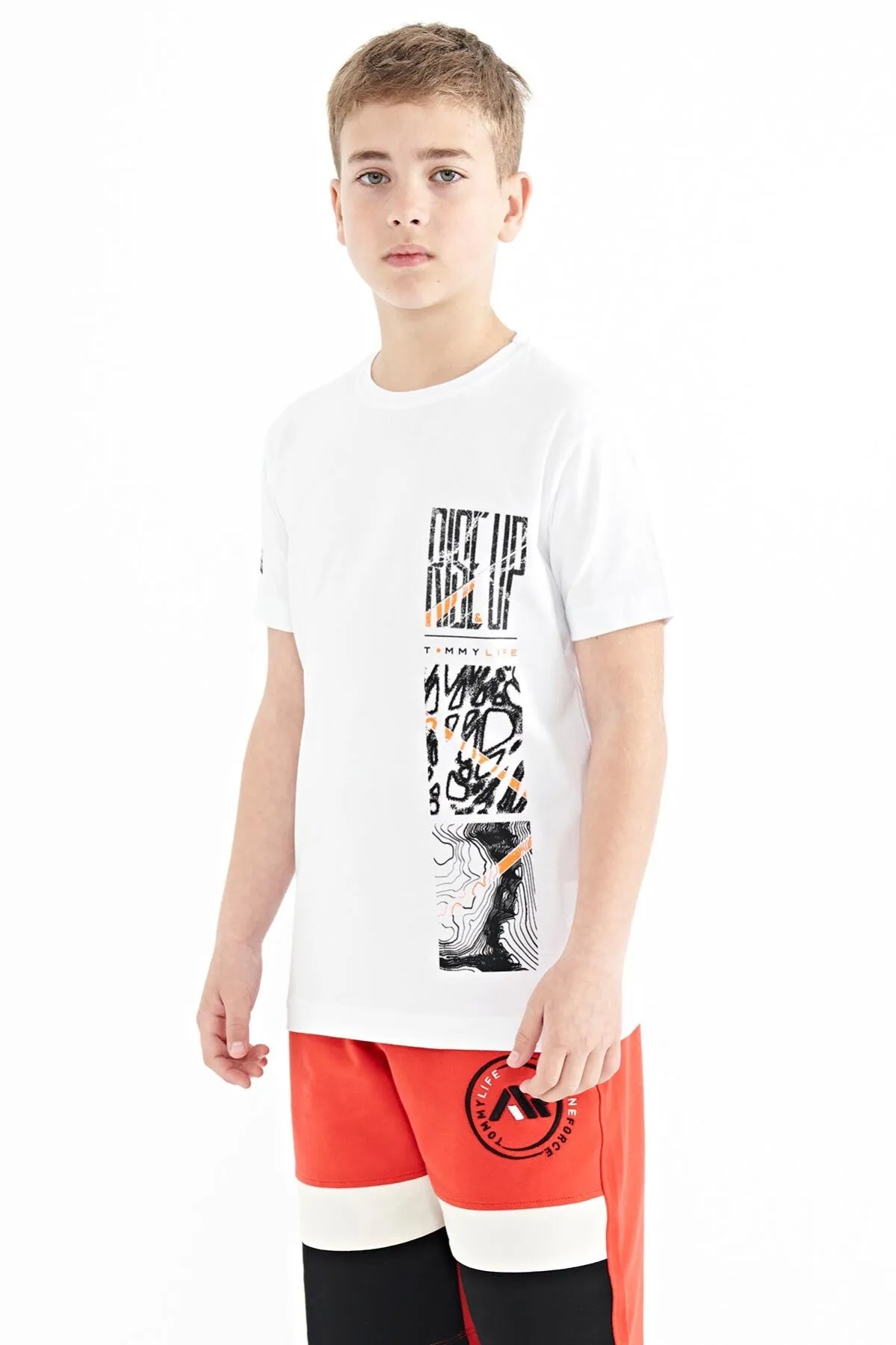 baski detayli o yaka standart kalip erkek çocuk t-shirt - 11104
