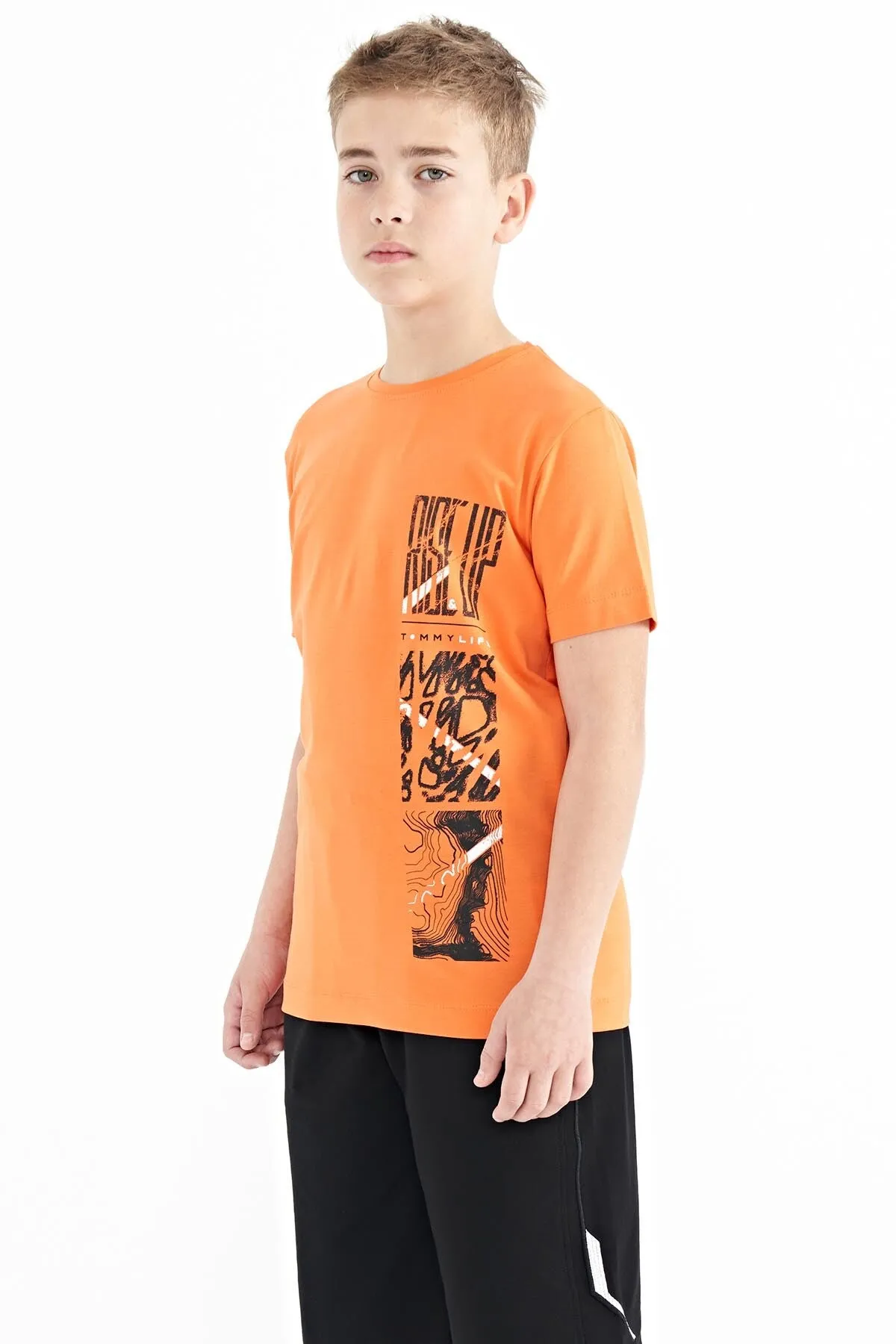 baski detayli o yaka standart kalip erkek çocuk t-shirt - 11104