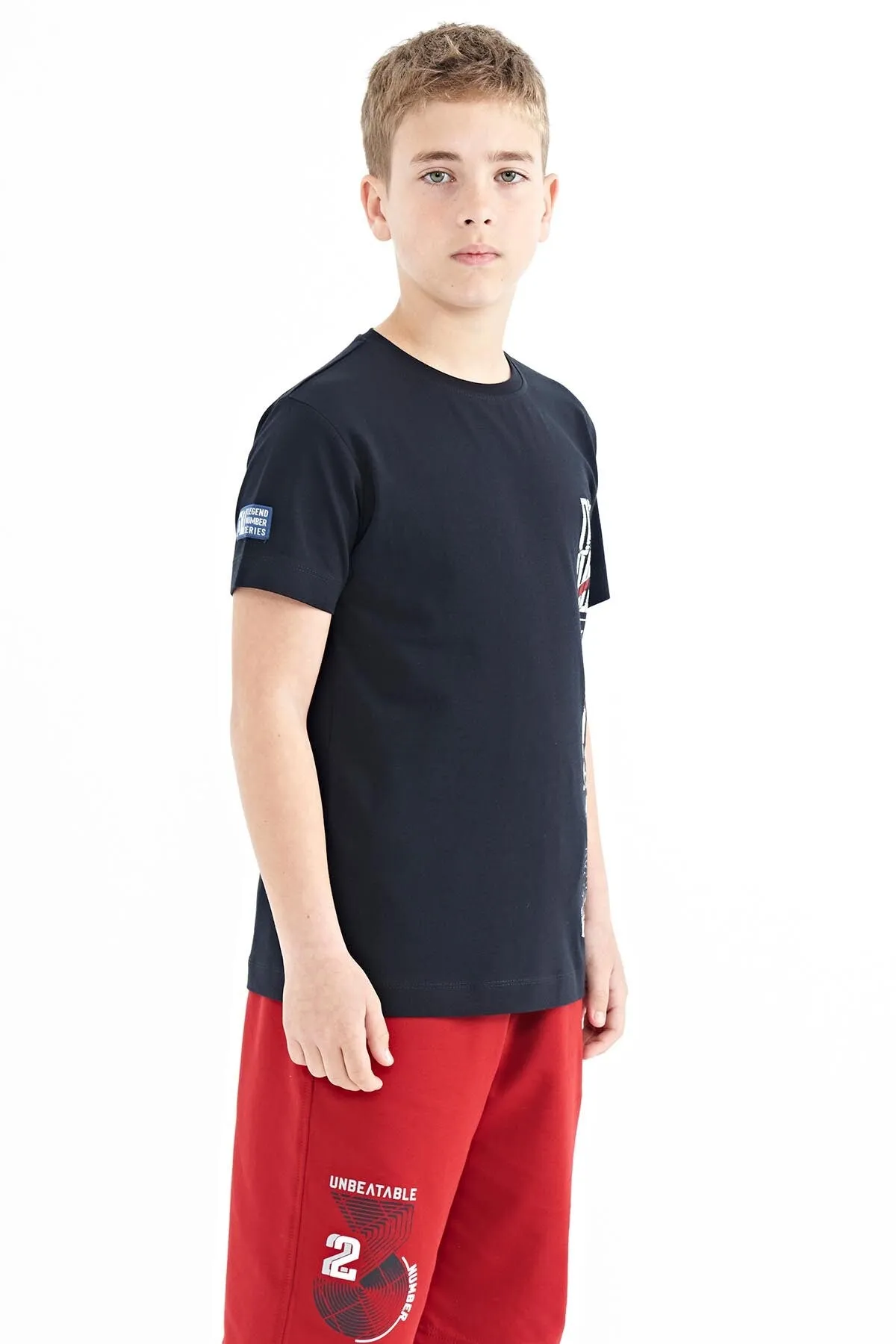baski detayli o yaka standart kalip erkek çocuk t-shirt - 11104
