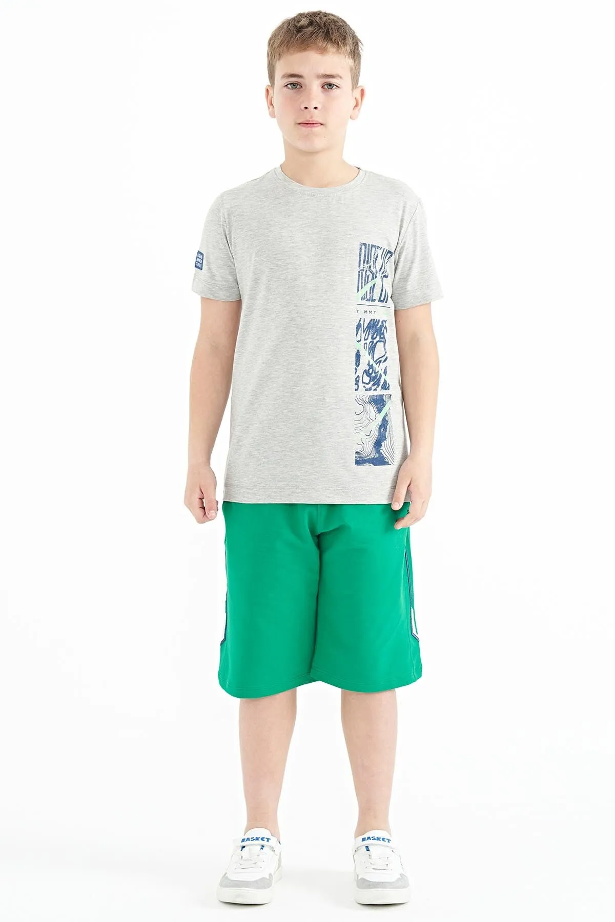 baski detayli o yaka standart kalip erkek çocuk t-shirt - 11104