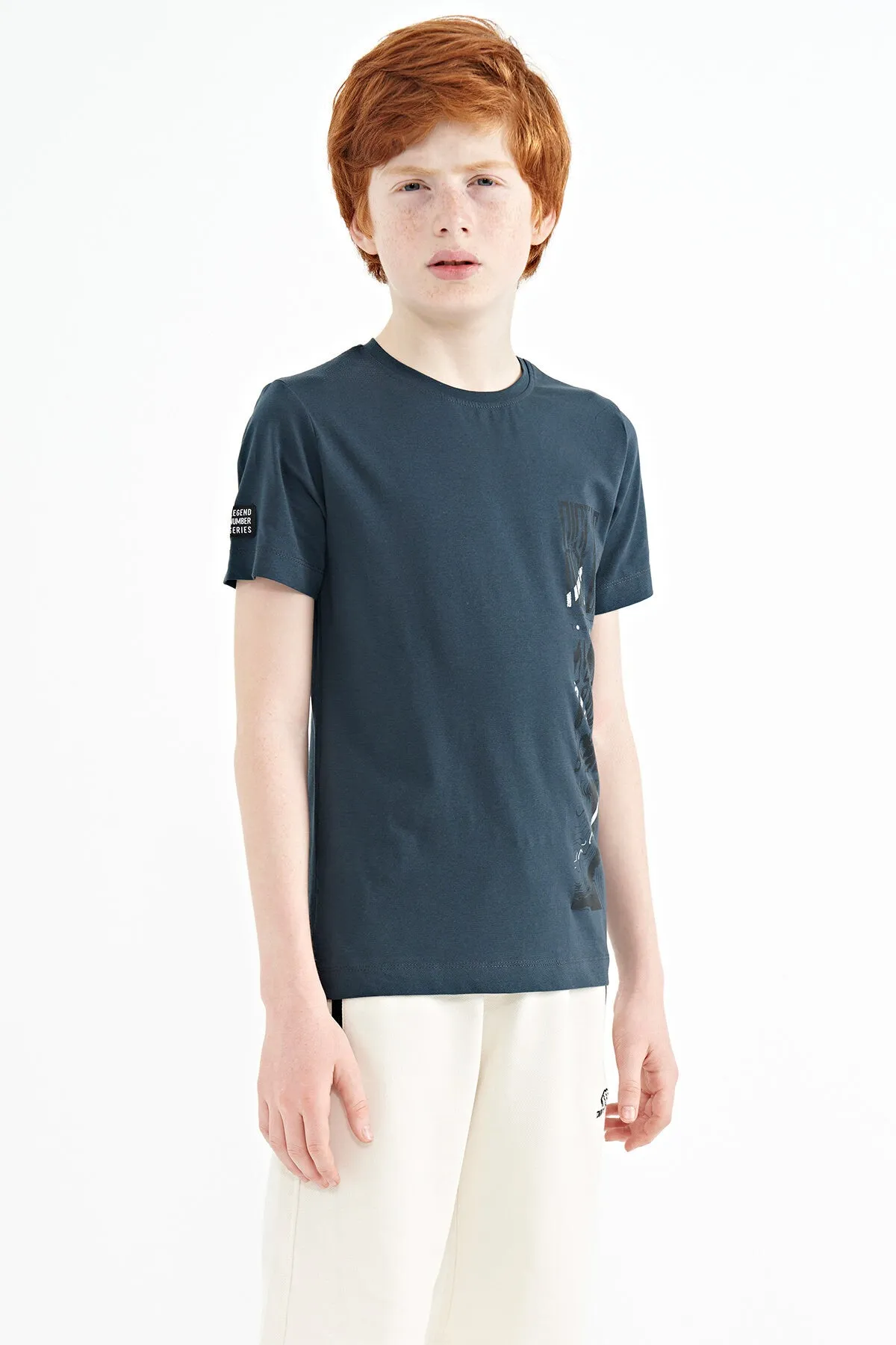 baski detayli o yaka standart kalip erkek çocuk t-shirt - 11104