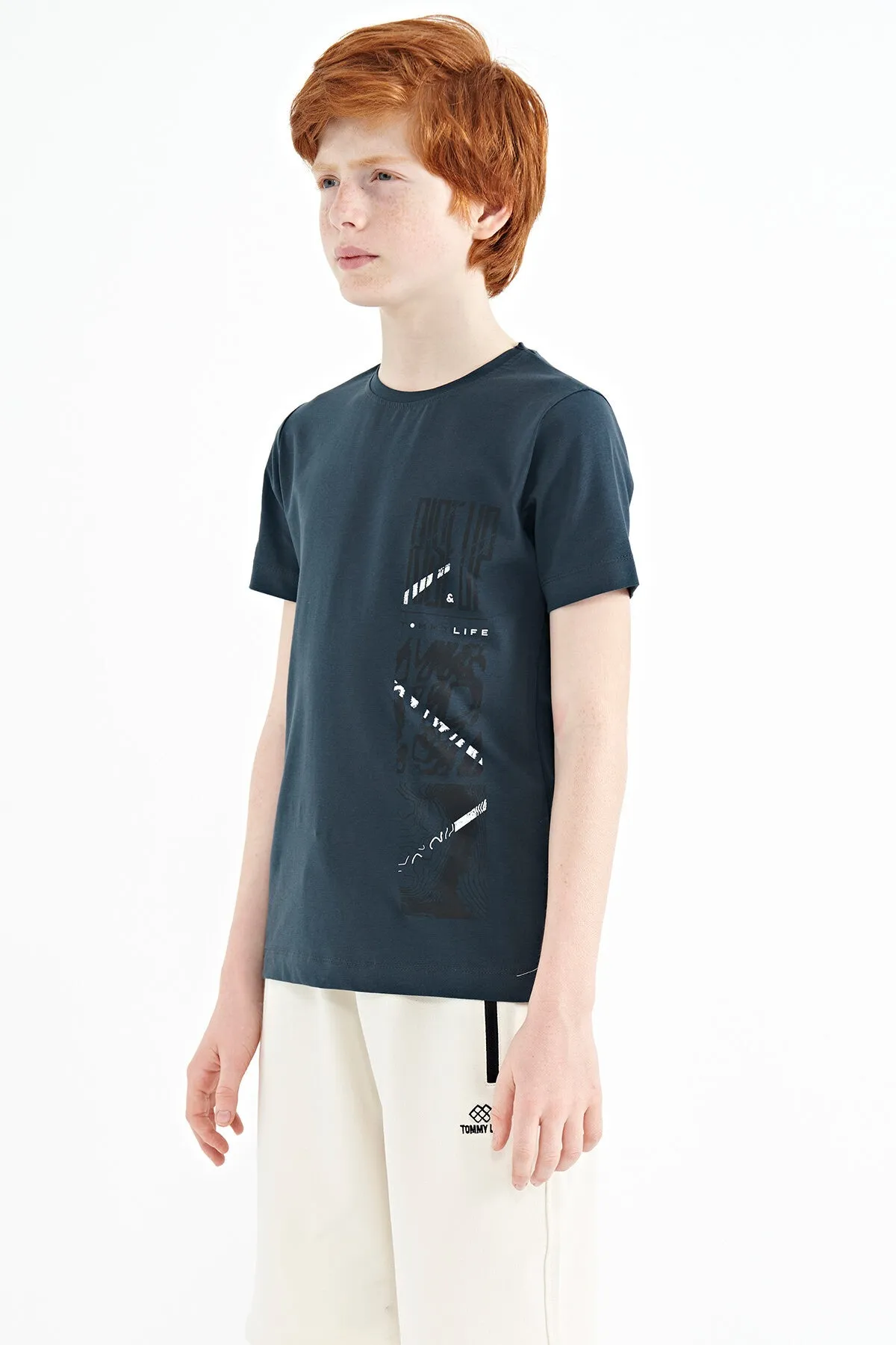 baski detayli o yaka standart kalip erkek çocuk t-shirt - 11104