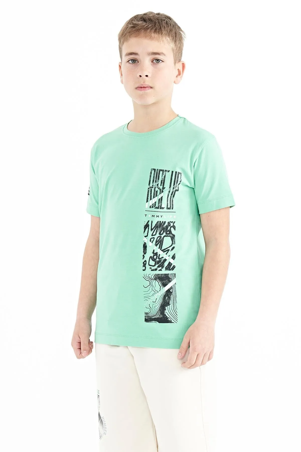 baski detayli o yaka standart kalip erkek çocuk t-shirt - 11104