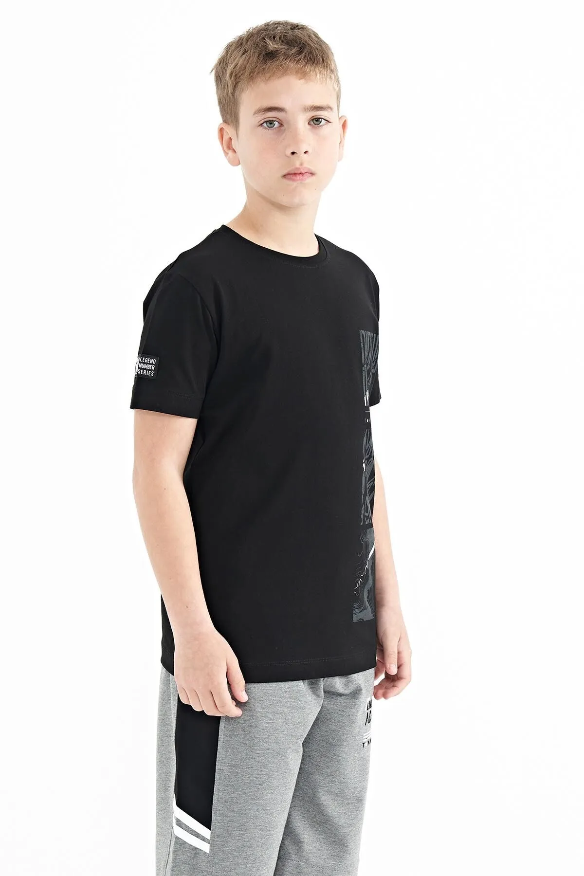 baski detayli o yaka standart kalip erkek çocuk t-shirt - 11104