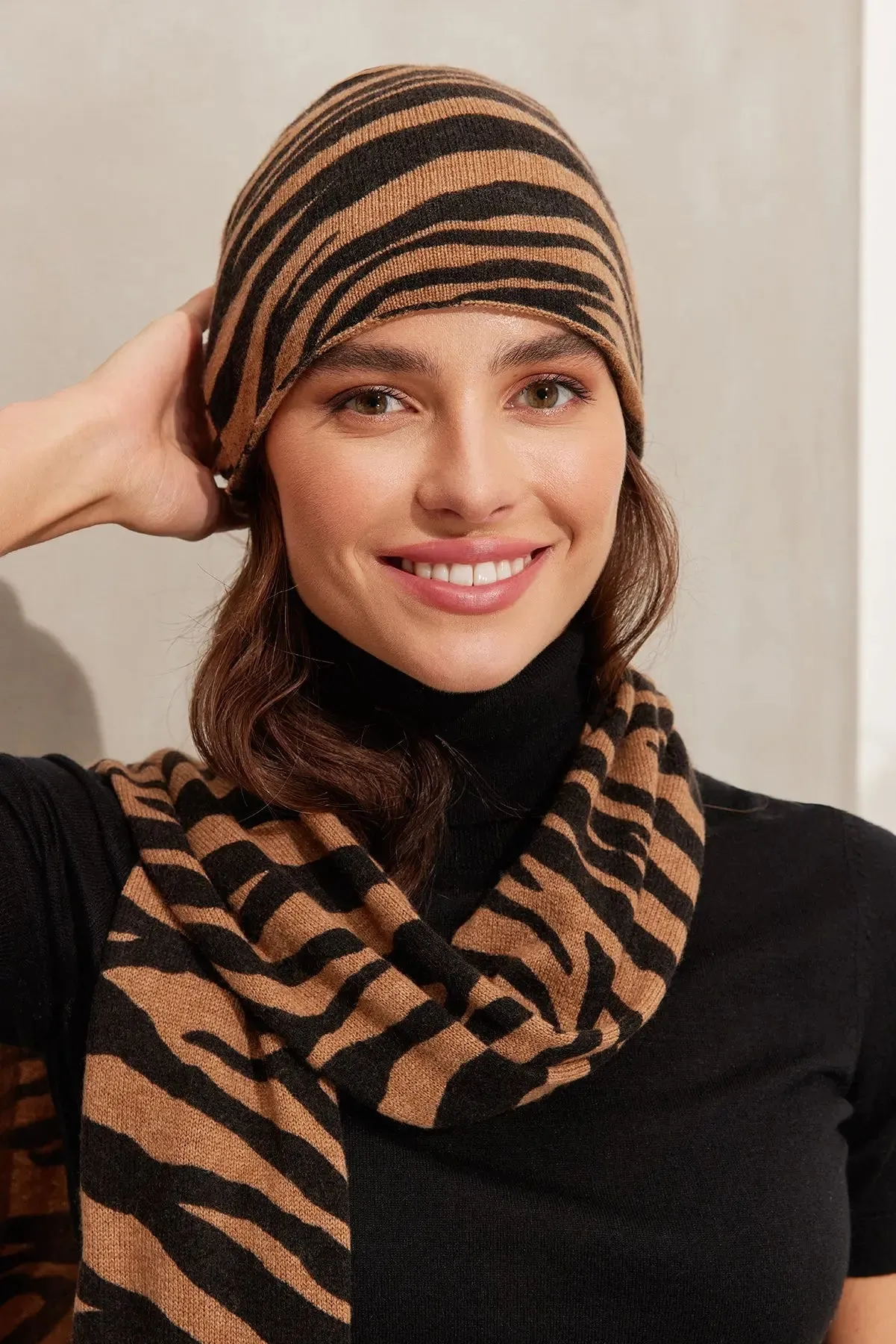 Camel Cashmere Wool Zebra Patterned beret