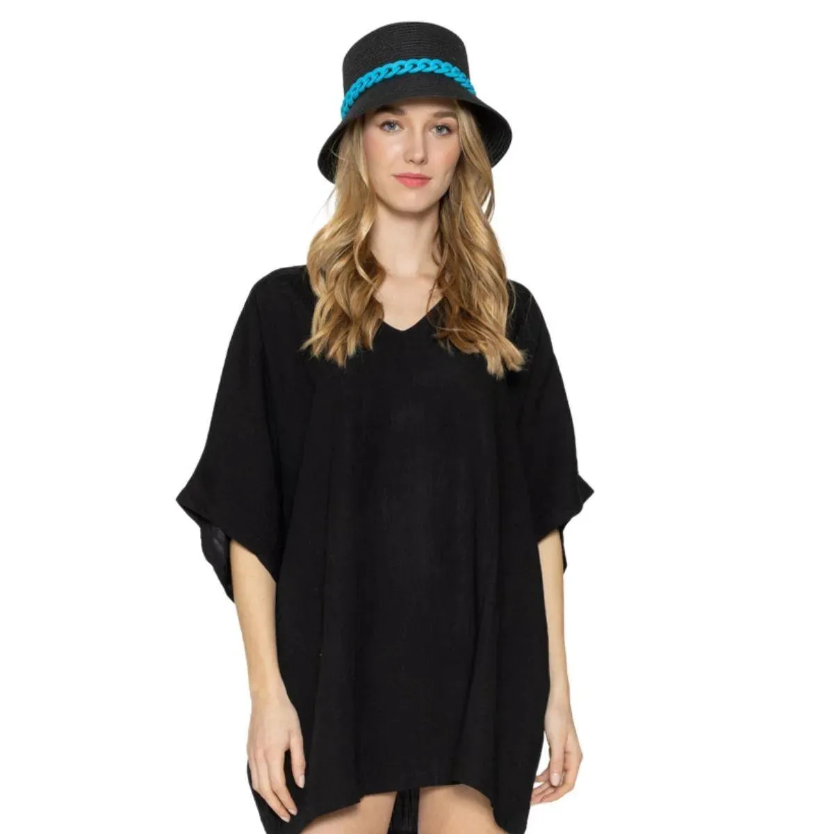Classic Black Bucket Hat Blue Chain Detail
