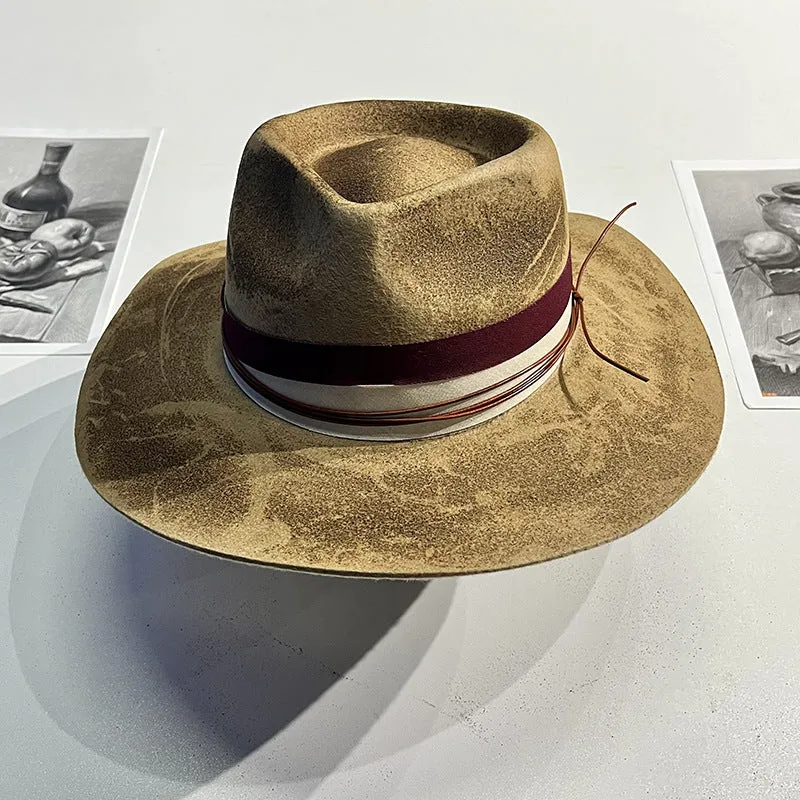 Distressed Fedora with Red Striped Edge