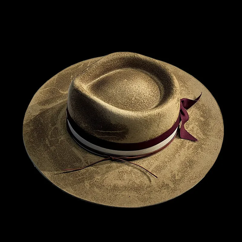 Distressed Fedora with Red Striped Edge