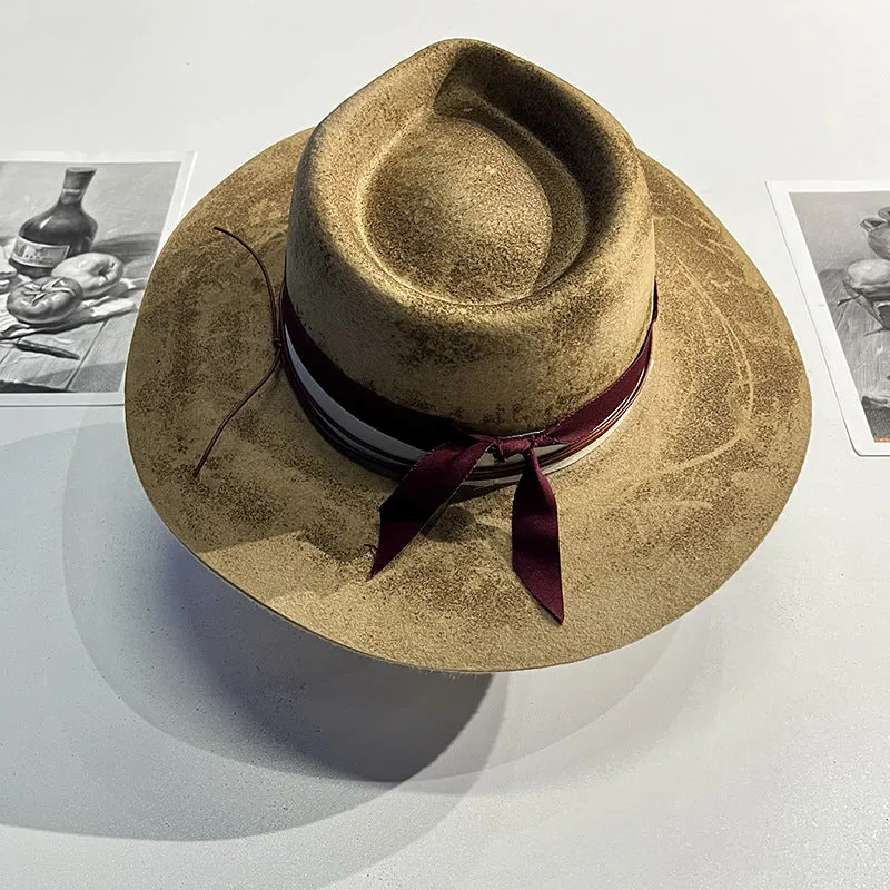 Distressed Fedora with Red Striped Edge