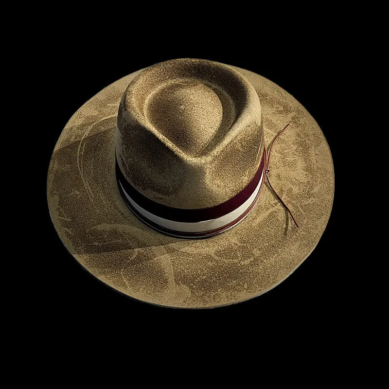 Distressed Fedora with Red Striped Edge