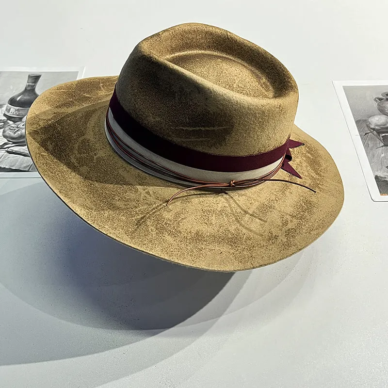 Distressed Fedora with Red Striped Edge