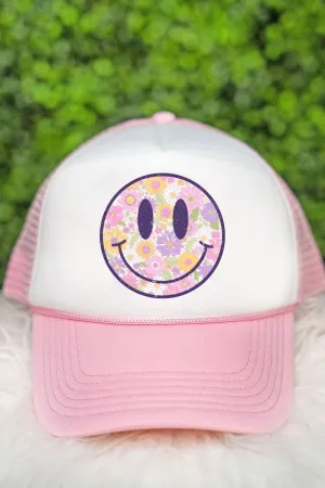Distressed Floral Smiles Foam Mesh Back Trucker Cap