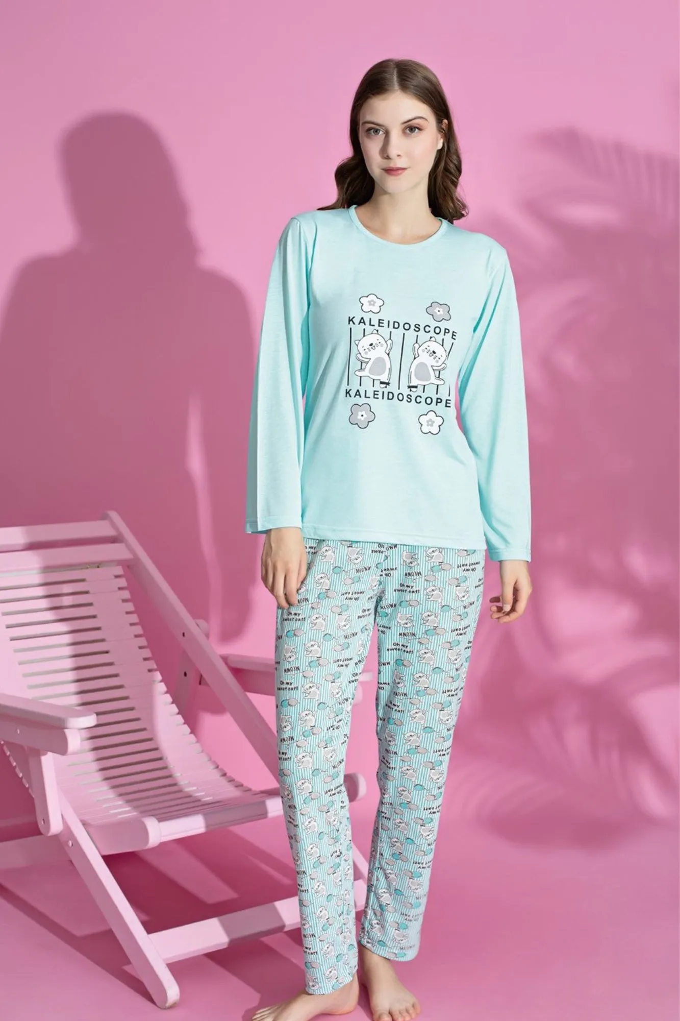dreamy pamuklu desenli uzun kollu kadin pijama takimi