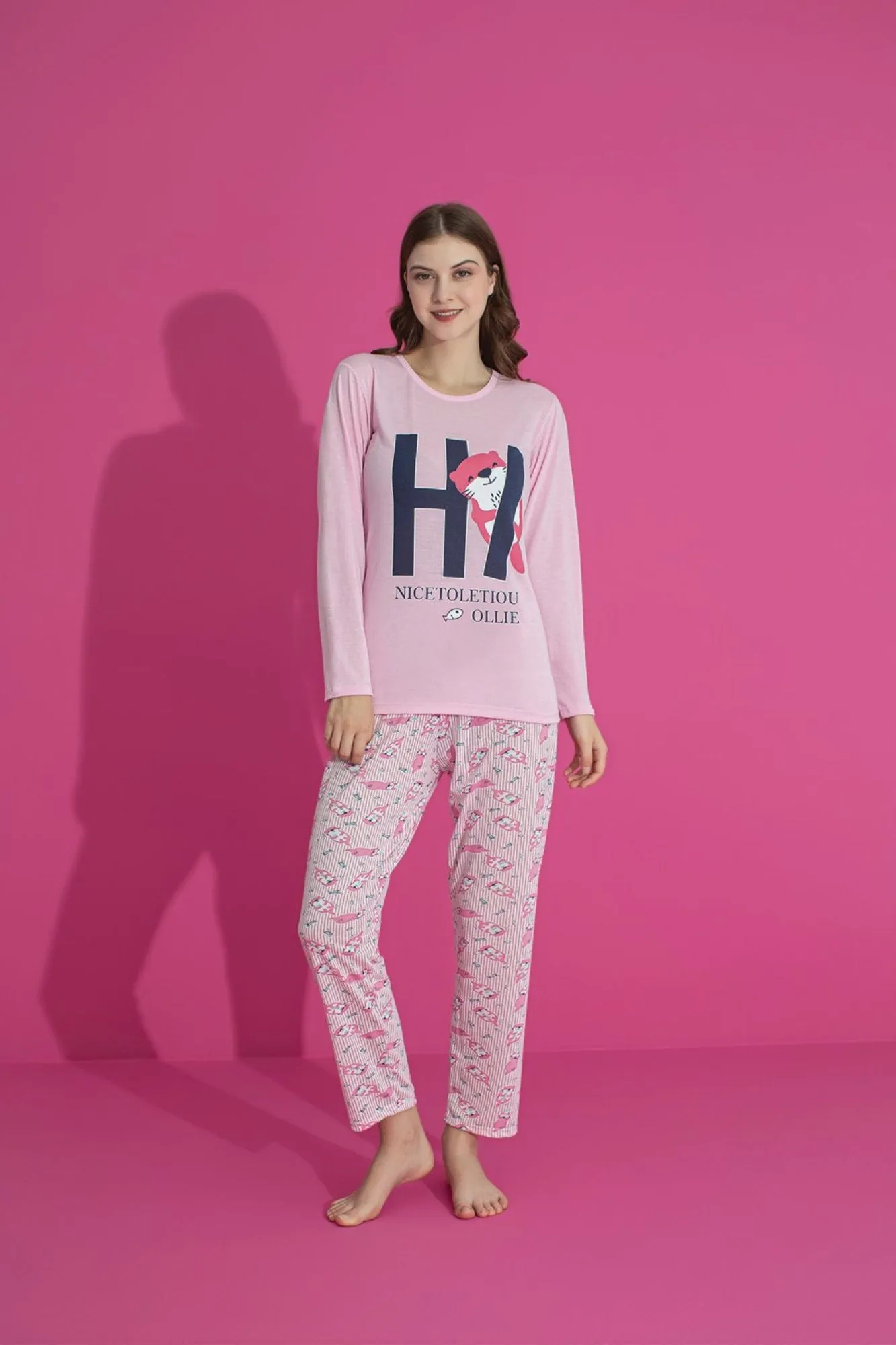 dreamy pamuklu desenli uzun kollu kadin pijama takimi