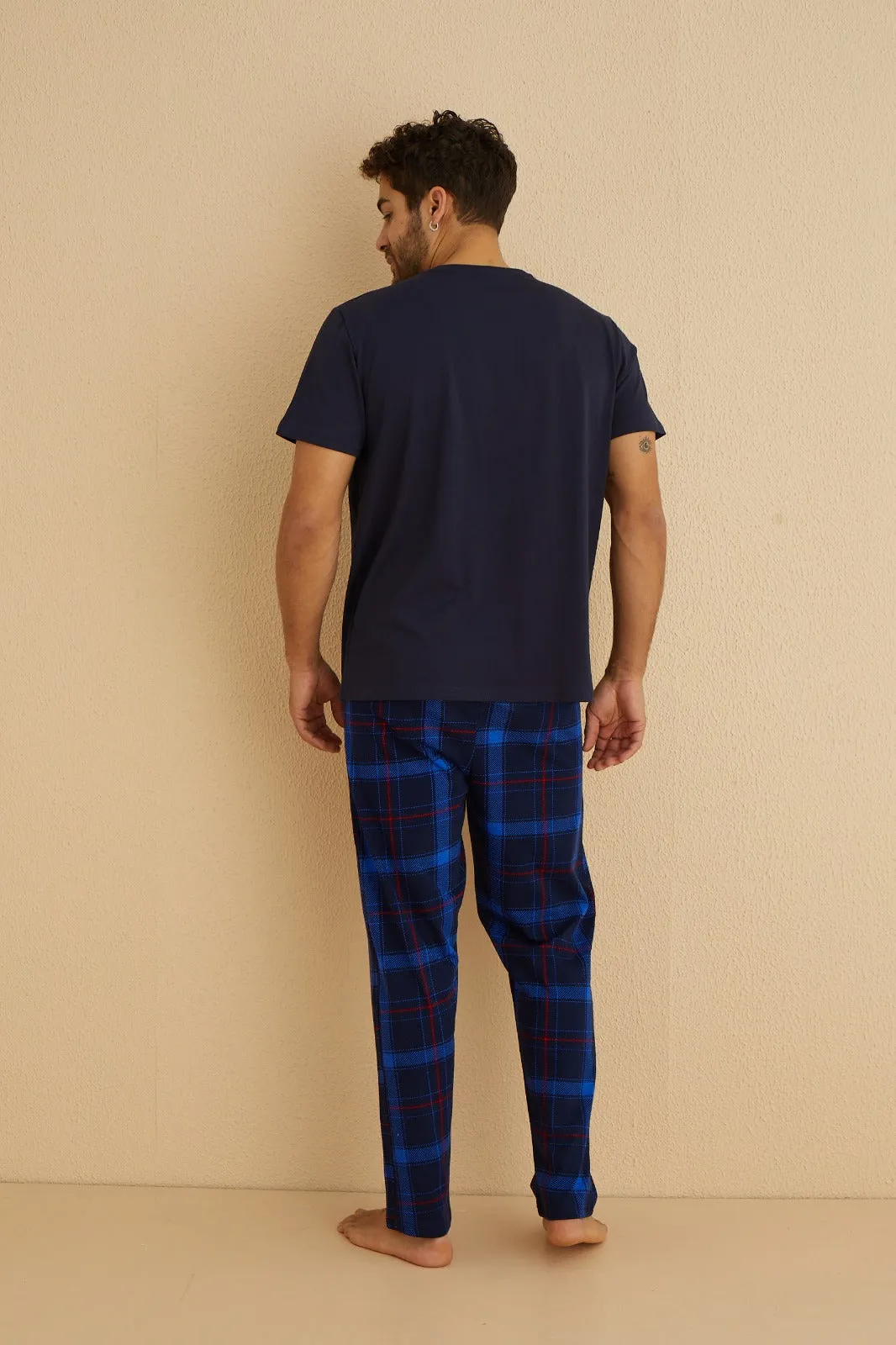 dreamy pamuklu ekose kareli cepli kisa kollu erkek pijama takimi