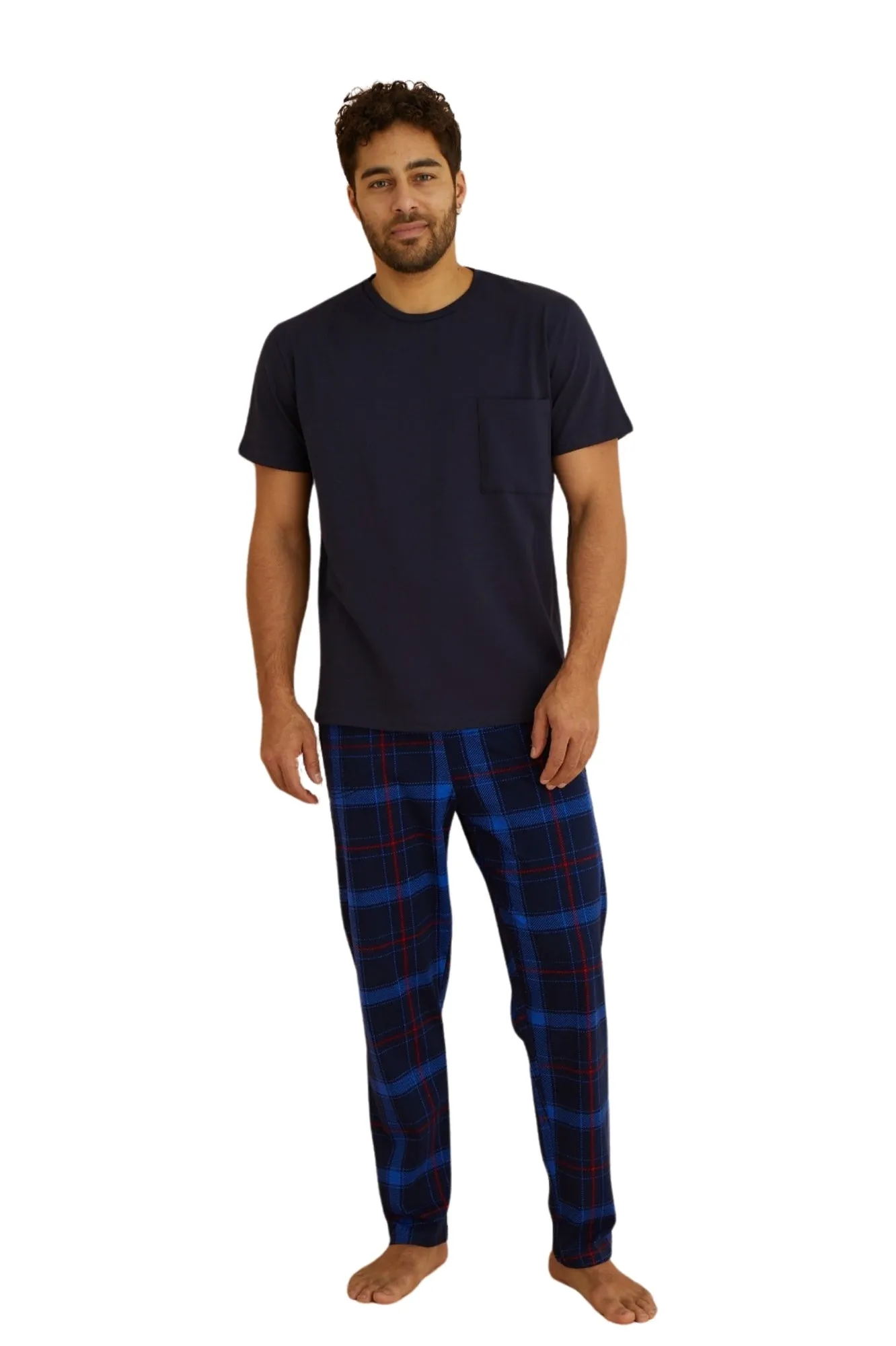 dreamy pamuklu ekose kareli cepli kisa kollu erkek pijama takimi